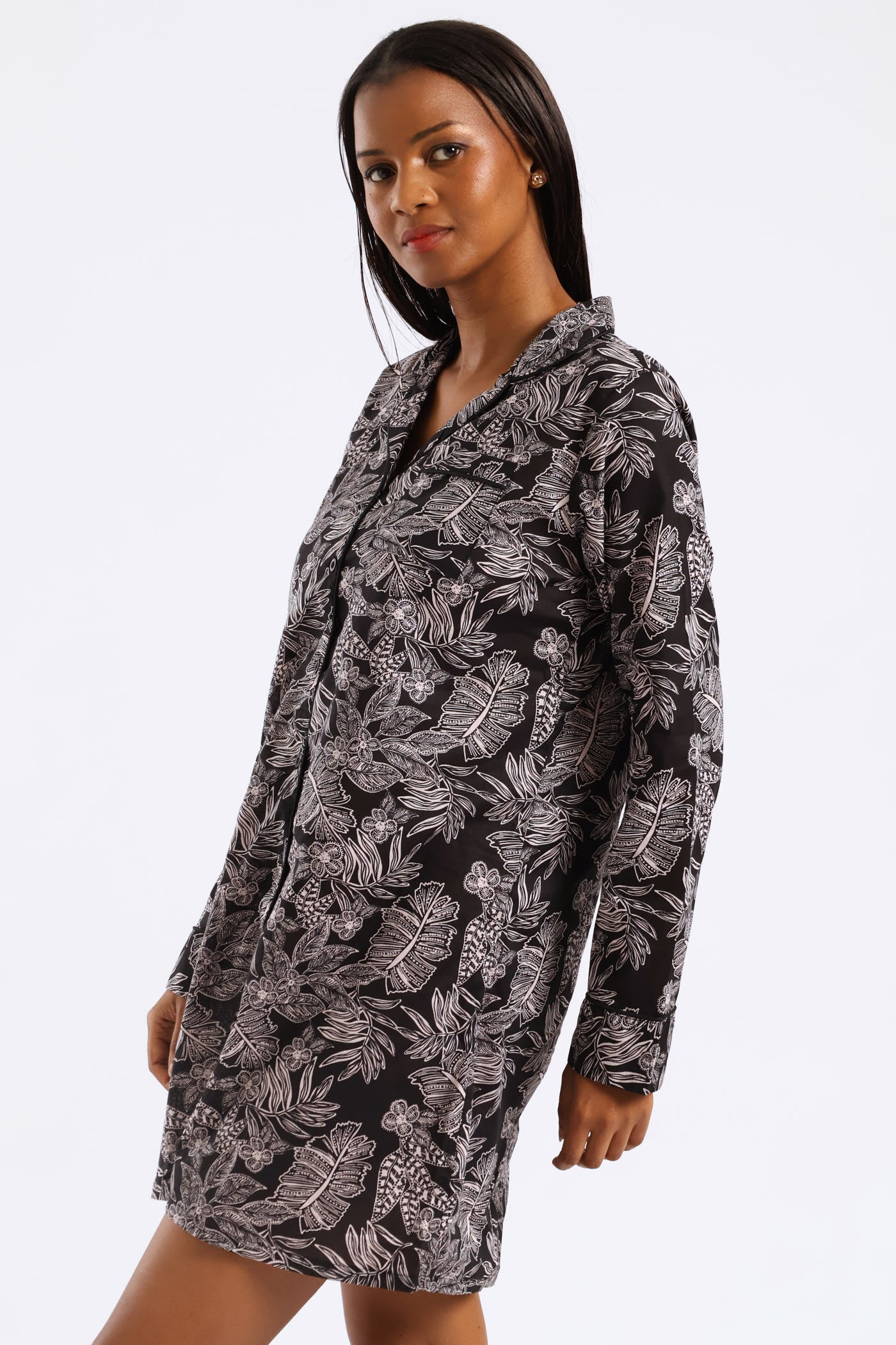 Button Through Cotton Sleepshirt - Dark Grey - Image 3