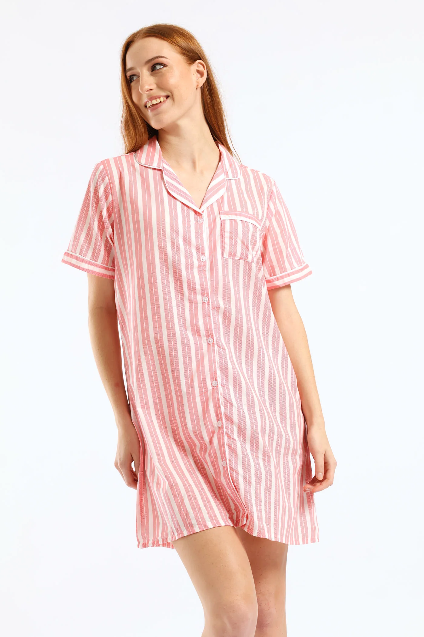 Button Through Cotton Woven Stripe Sleepshirt - White/Red - Image 3