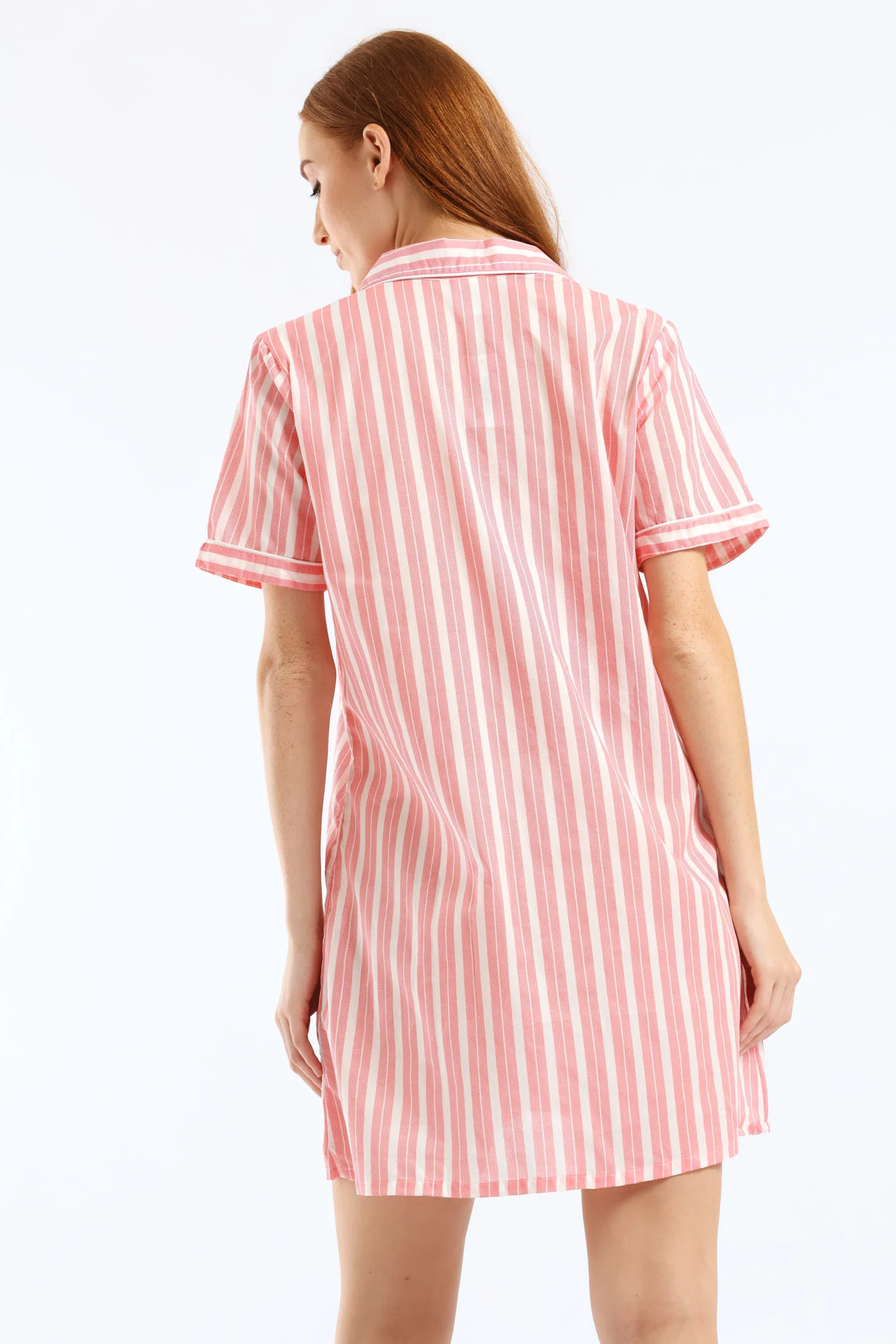 Button Through Cotton Woven Stripe Sleepshirt - White/Red - Image 5