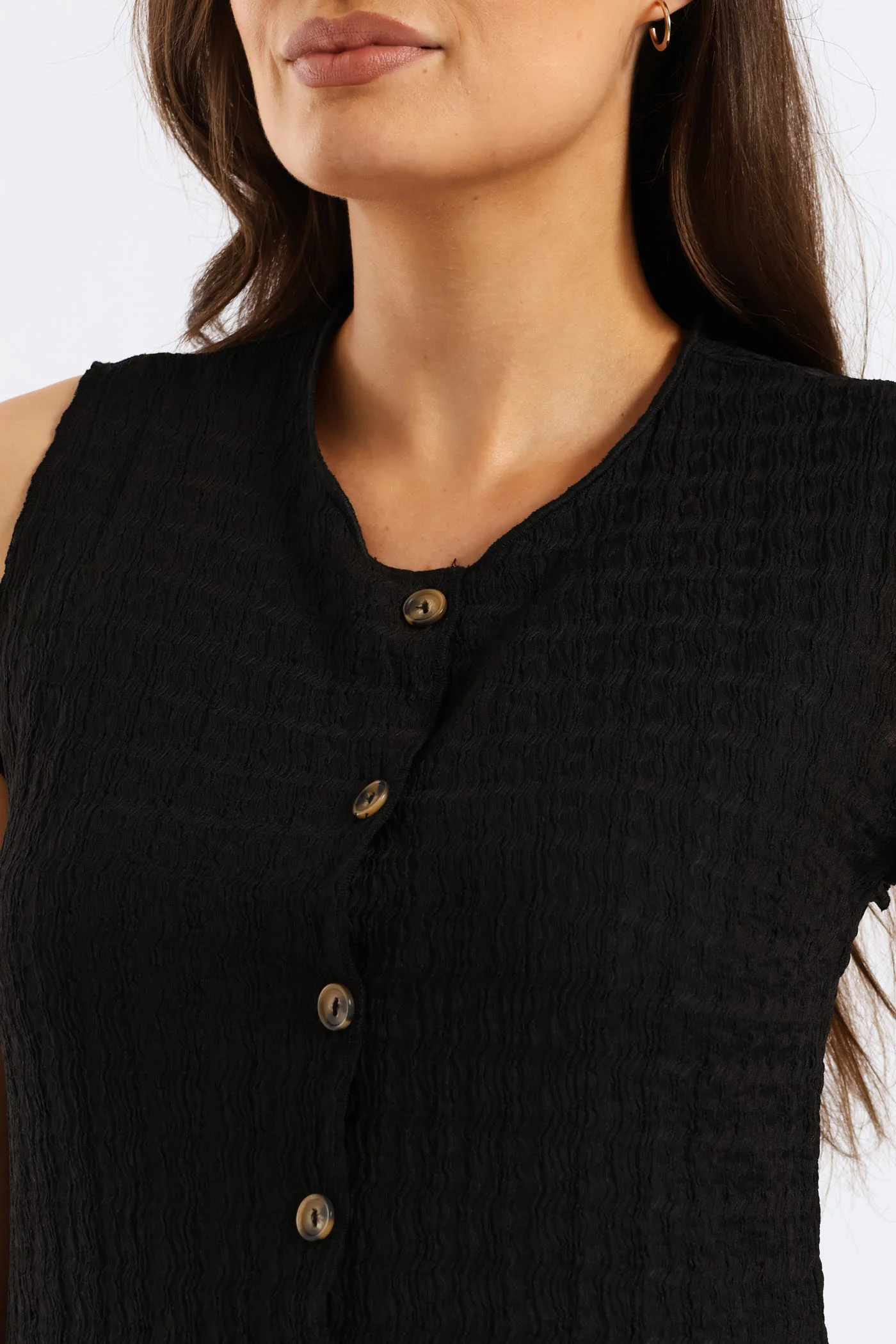 Button Through Crinkle Waistcoat Top - Black - Image 2