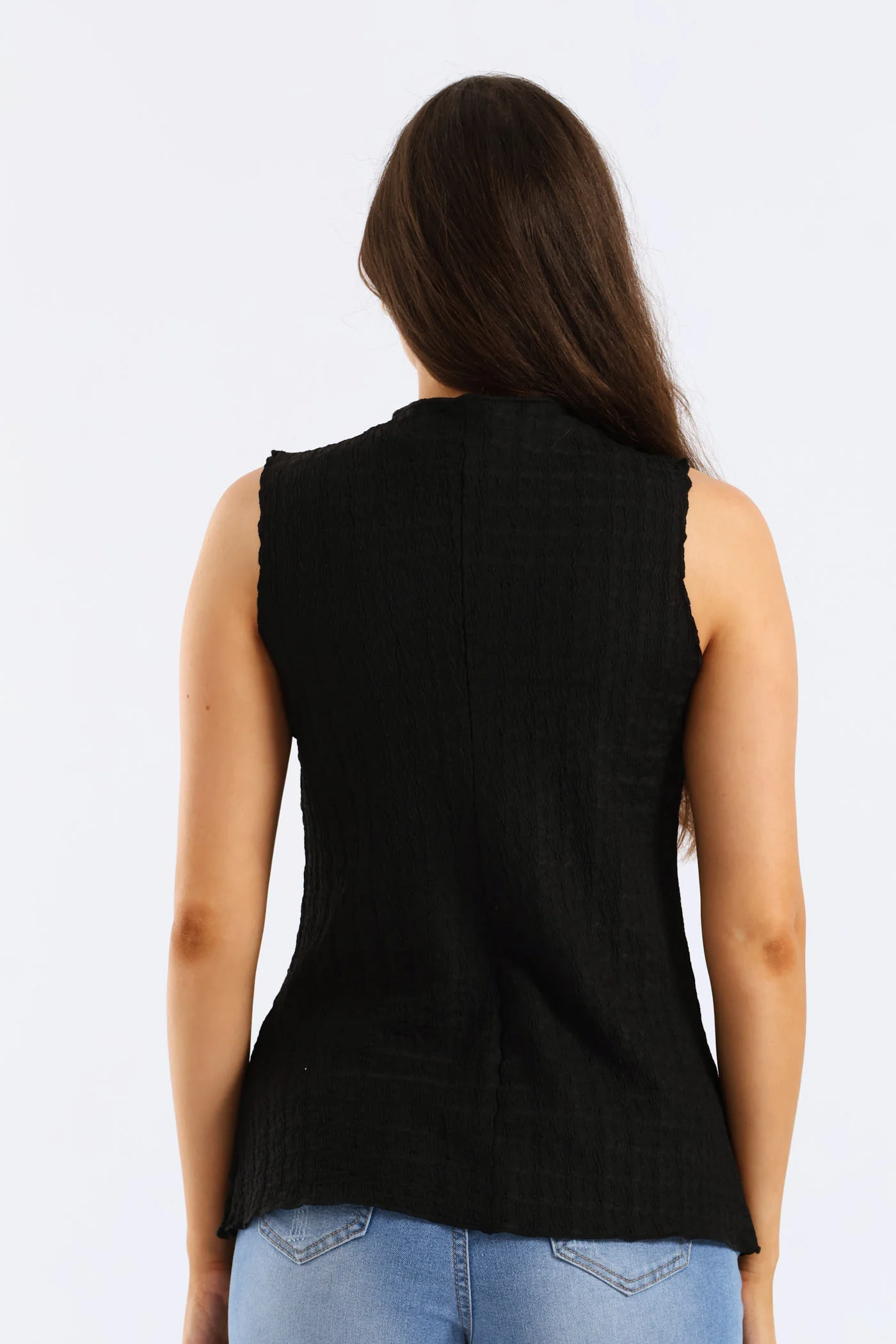 Button Through Crinkle Waistcoat Top - Black - Image 3