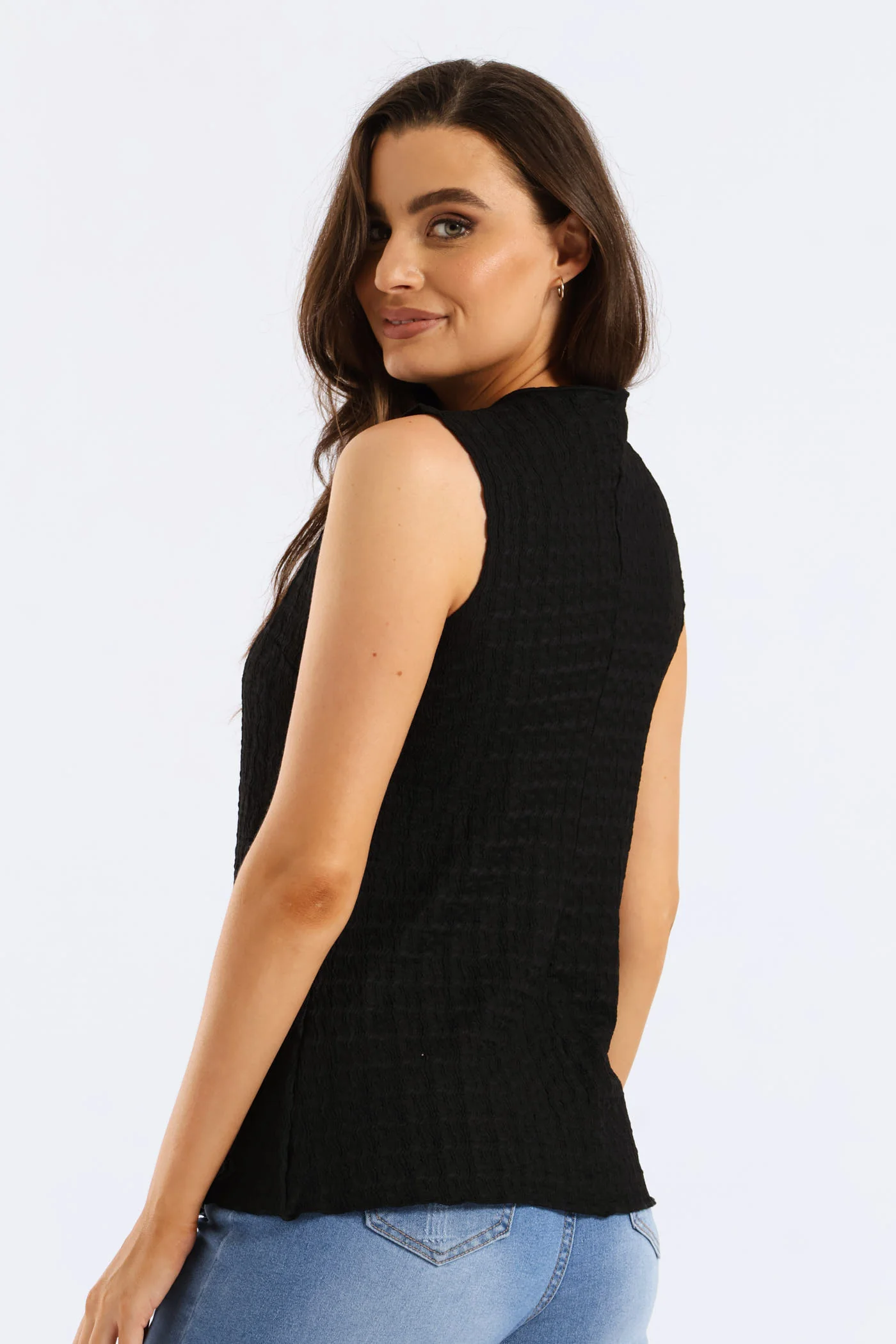 Button Through Crinkle Waistcoat Top - Black - Image 4