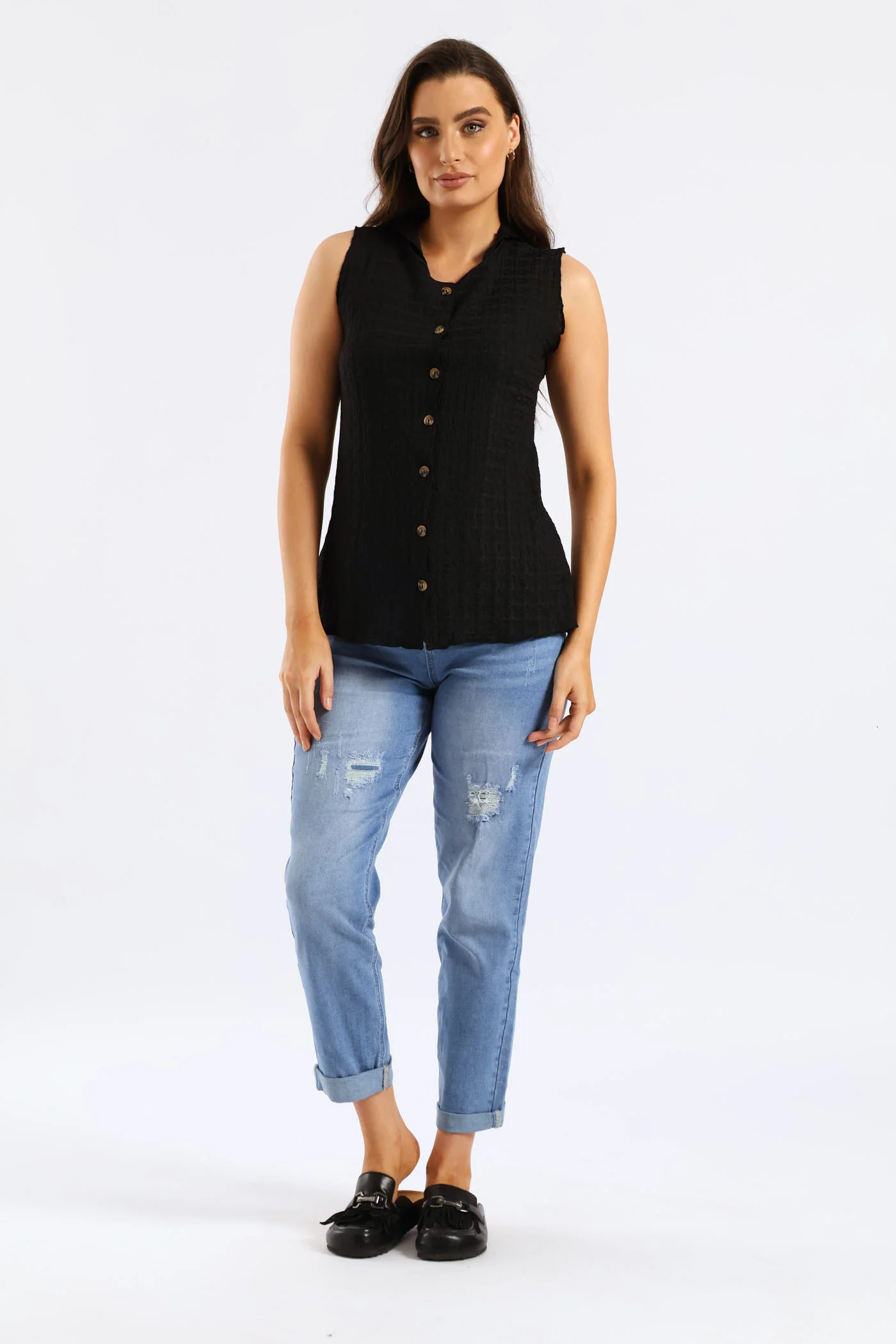 Button Through Crinkle Waistcoat Top - Black - Image 5