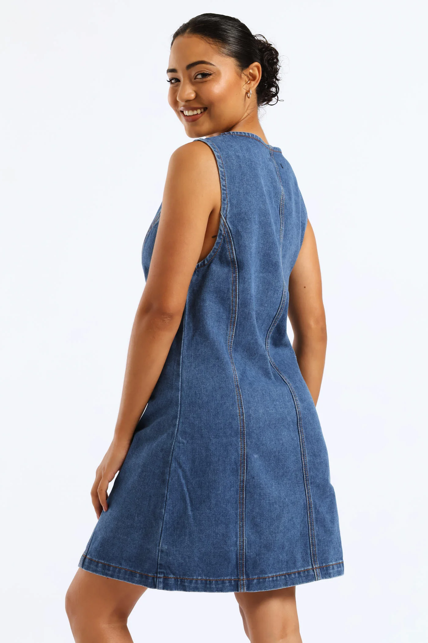 Button Through Denim Mini Dress - Salty Mid Wash - Image 2