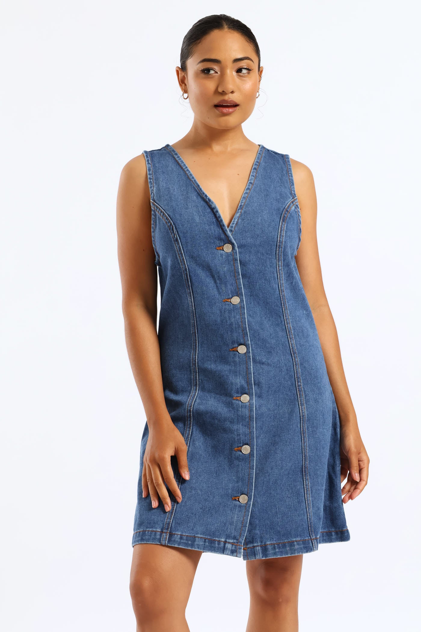 Button Through Denim Mini Dress - Salty Mid Wash - Image 4
