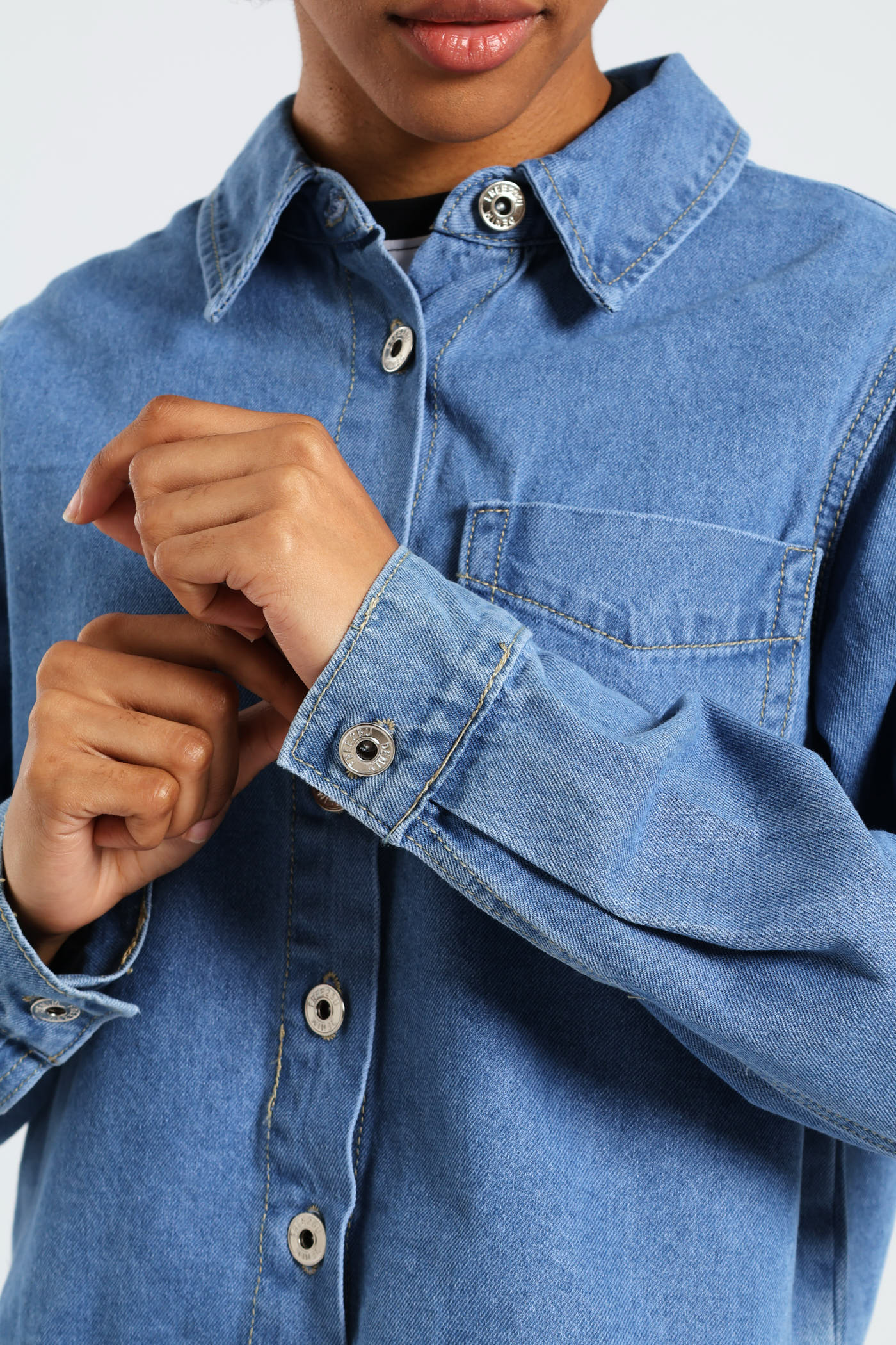 Button Through Denim Shirt - Mid Blue - Image 2