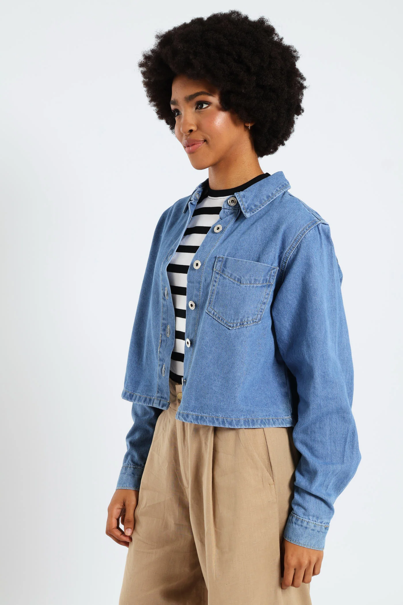 Button Through Denim Shirt - Mid Blue - Image 3