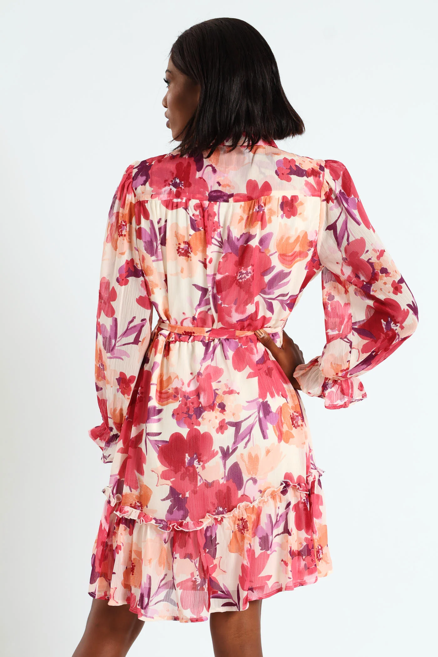 Button Through Frill Hem Tea Dress - Cream - Image 3