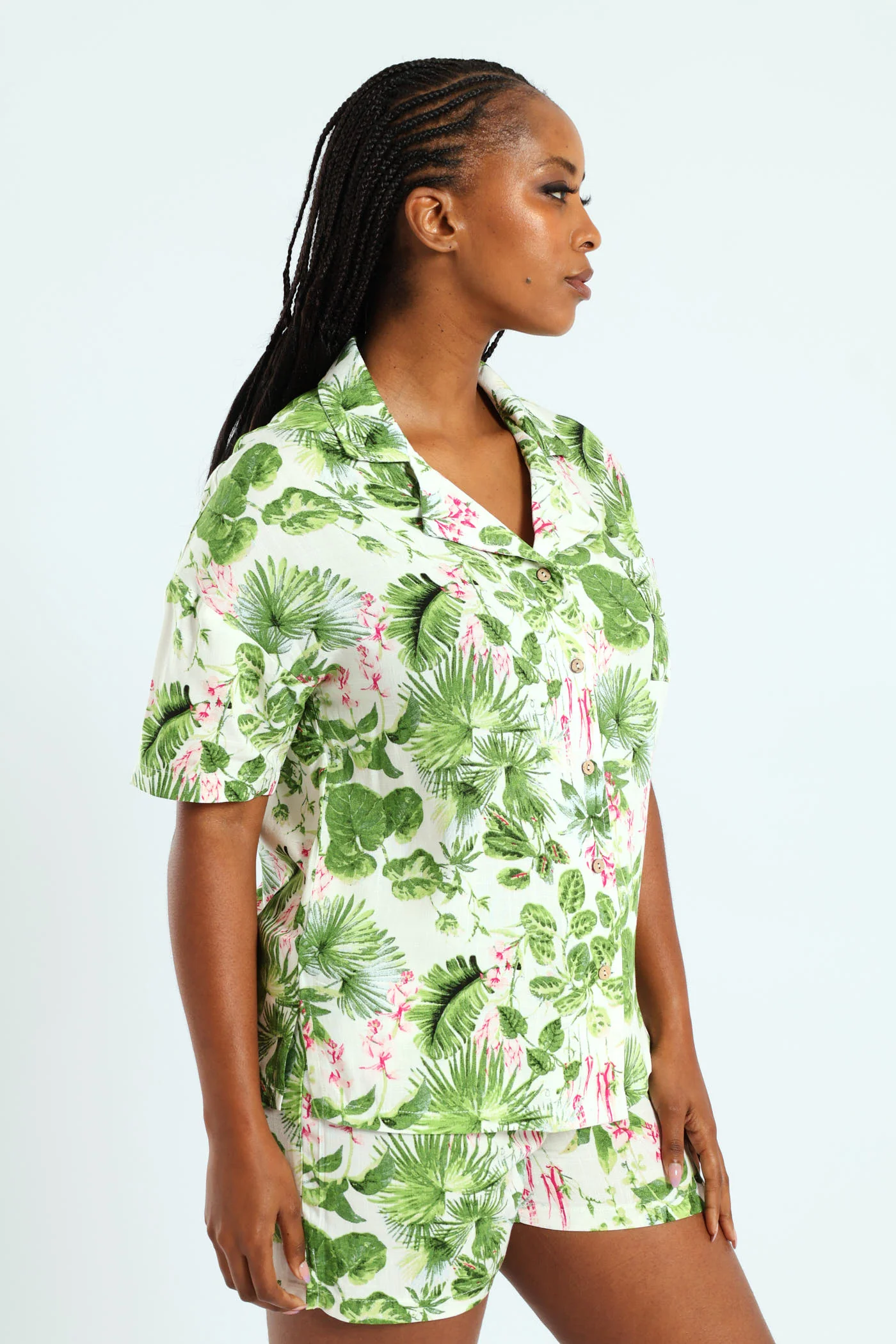 Button Through Jungle Linen Short Set - Multi - Image 4