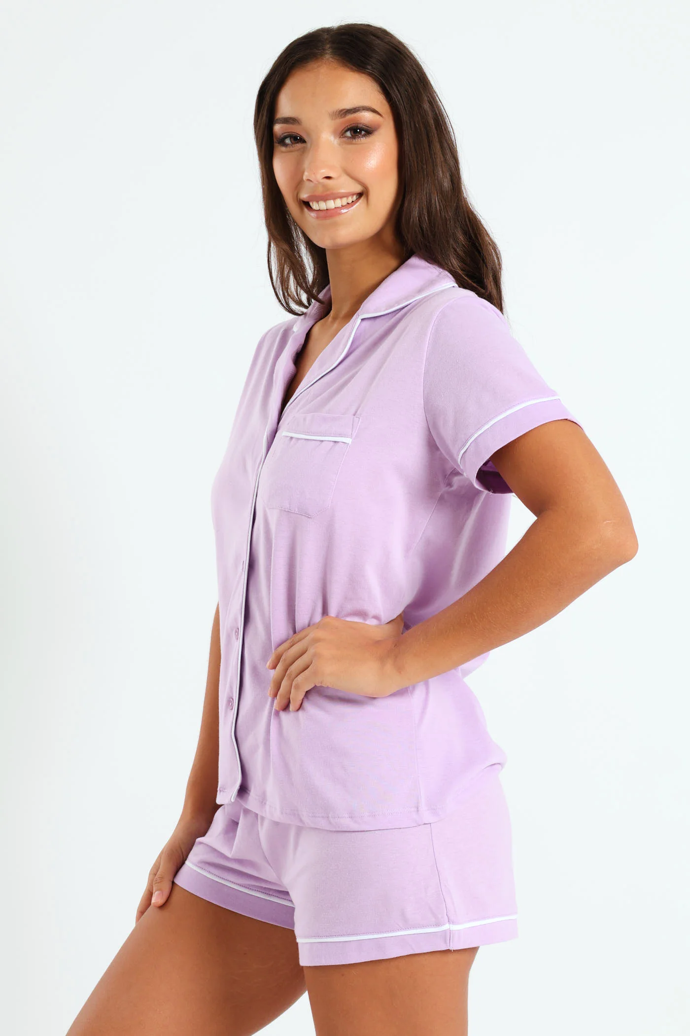 Button Through Knit Short Set - Purple - Image 3