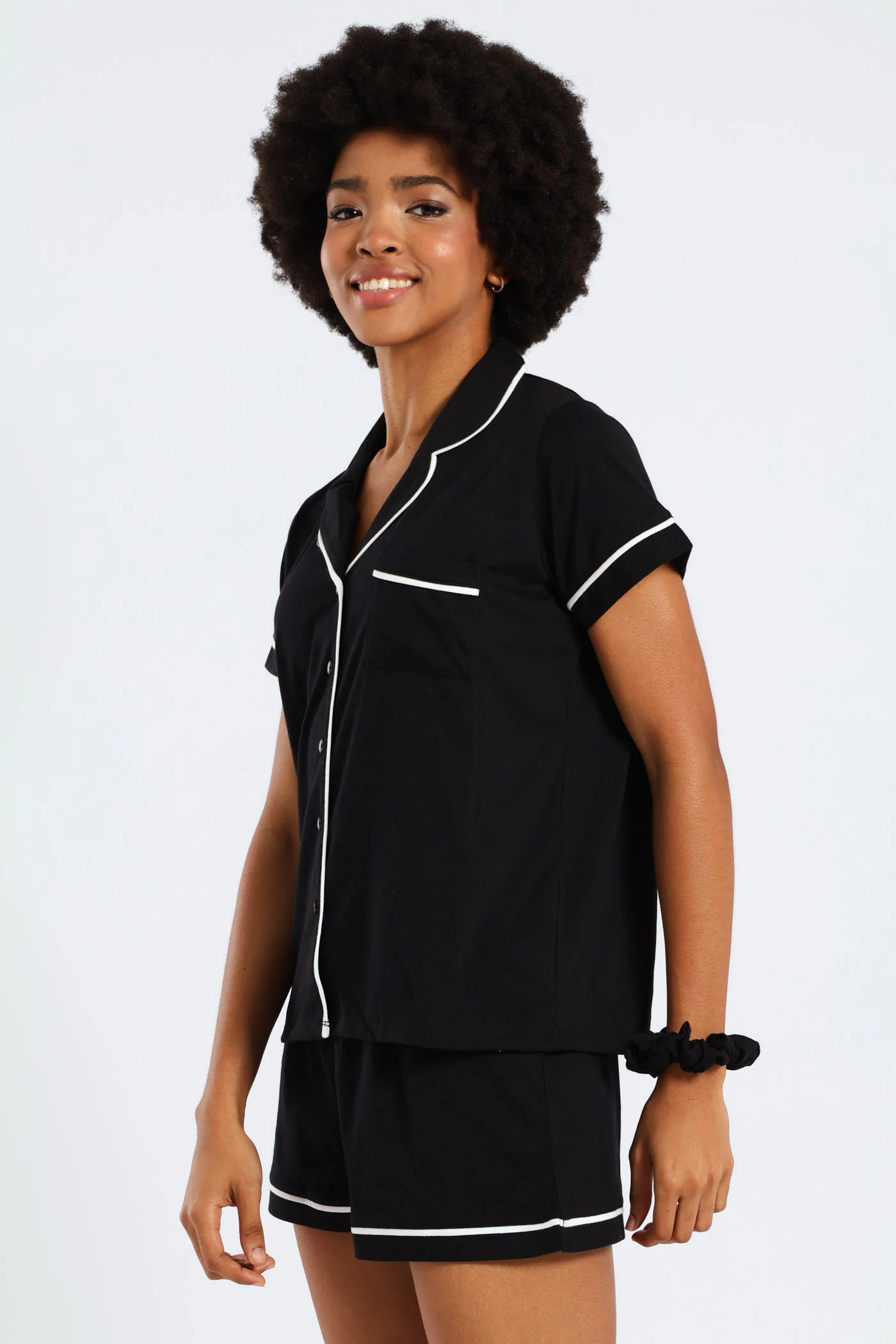 Button Through Knit Short Set With Scrunchie - Black - Image 3