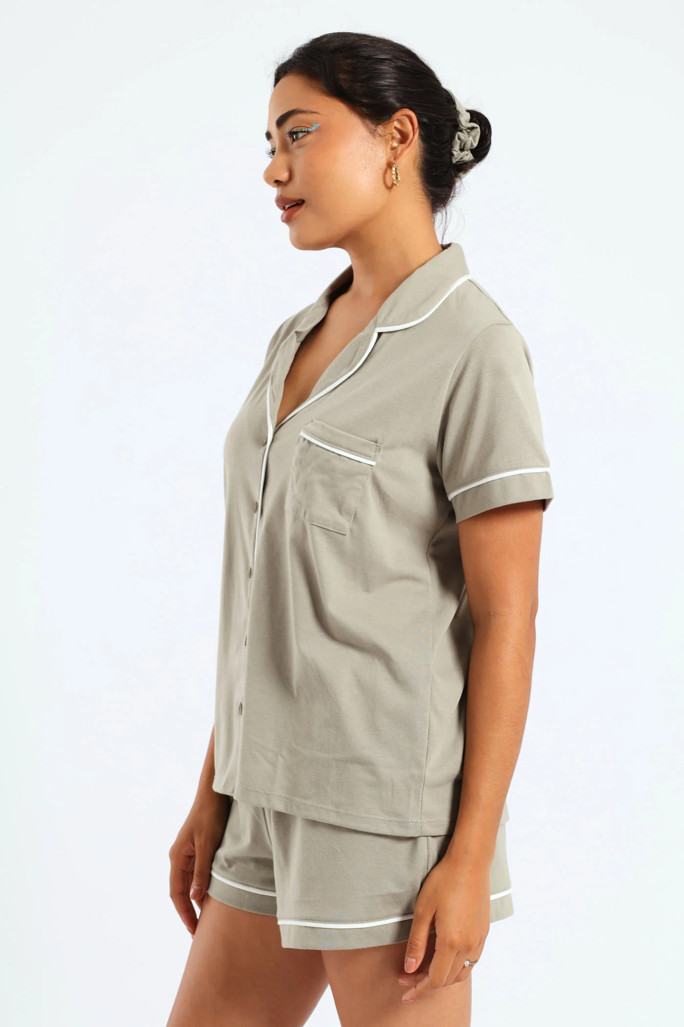 Button Through Knit Short Set With Scrunchie - Fatigue - Image 3