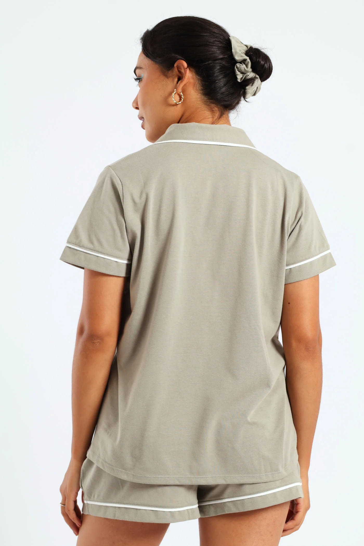 Button Through Knit Short Set With Scrunchie - Fatigue - Image 4