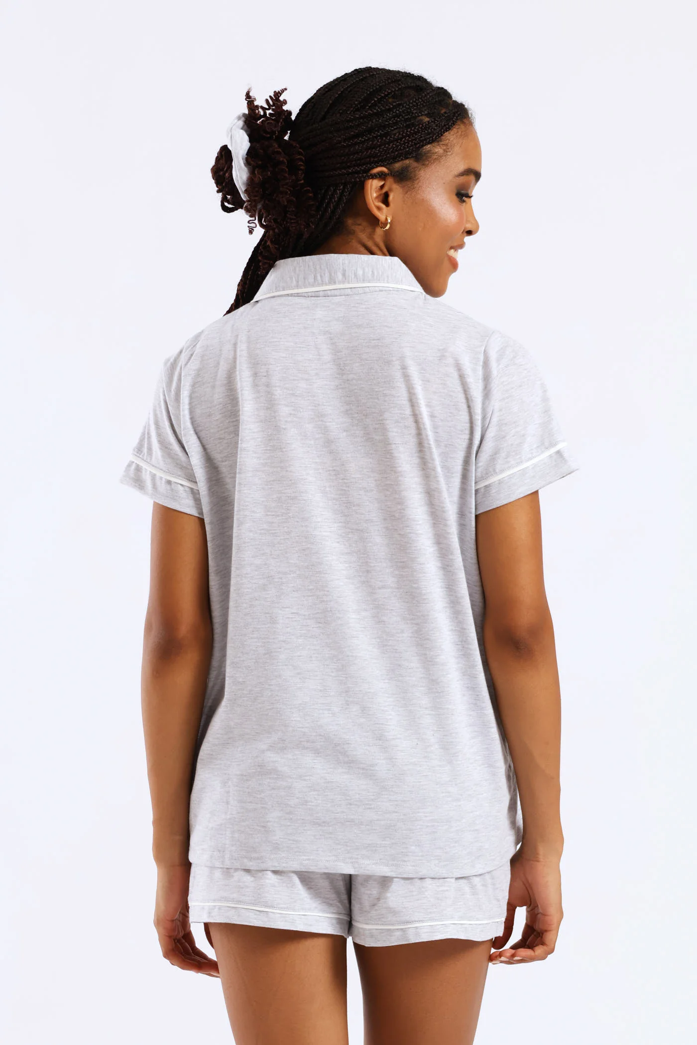 Button Through Knit Short Set With Scrunchie - Grey Melange - Image 4