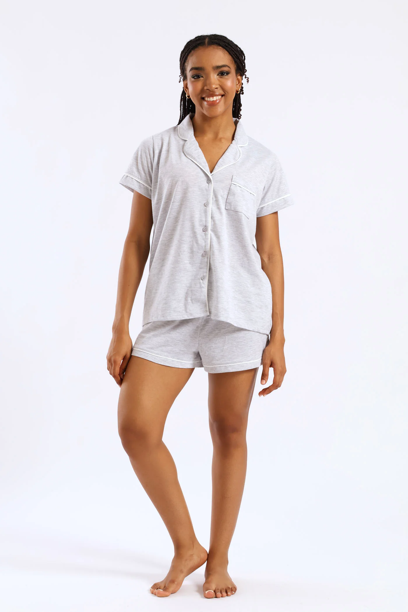 Button Through Knit Short Set With Scrunchie - Grey Melange - Image 7