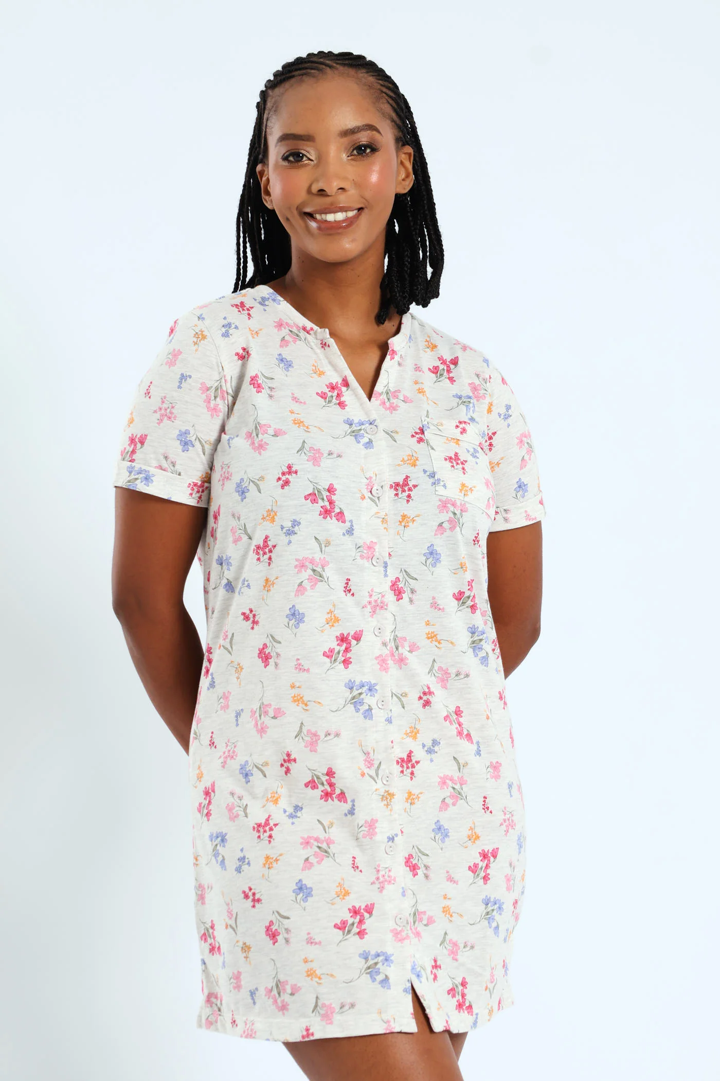 Button Through Knit Sleepshirt - Grey Melange - Image 5