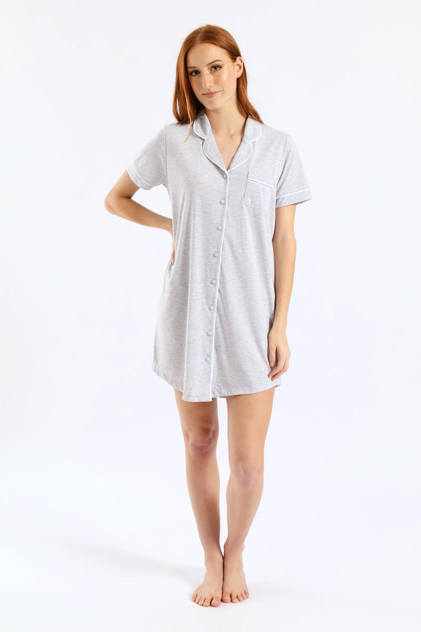 Button Through Knit Sleepshirt - Grey Melange - Image 5