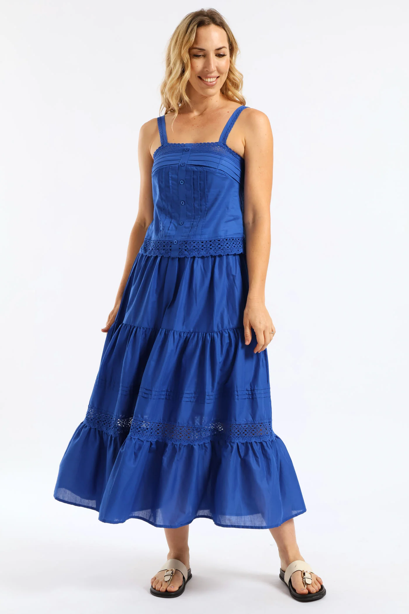Button Through Lace Trim Pintuck Crop Cami - Mid Blue - Image 2