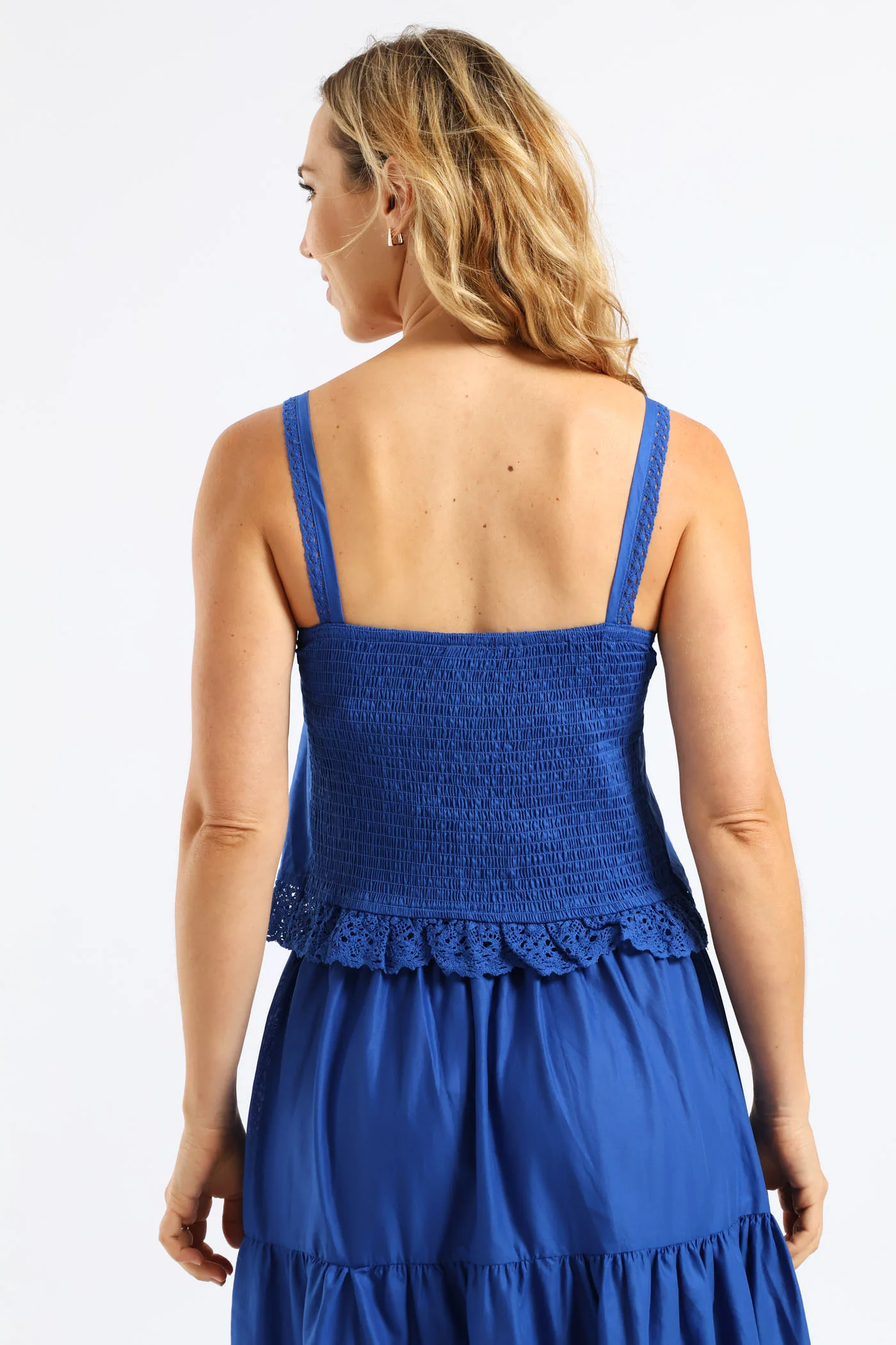 Button Through Lace Trim Pintuck Crop Cami - Mid Blue - Image 3