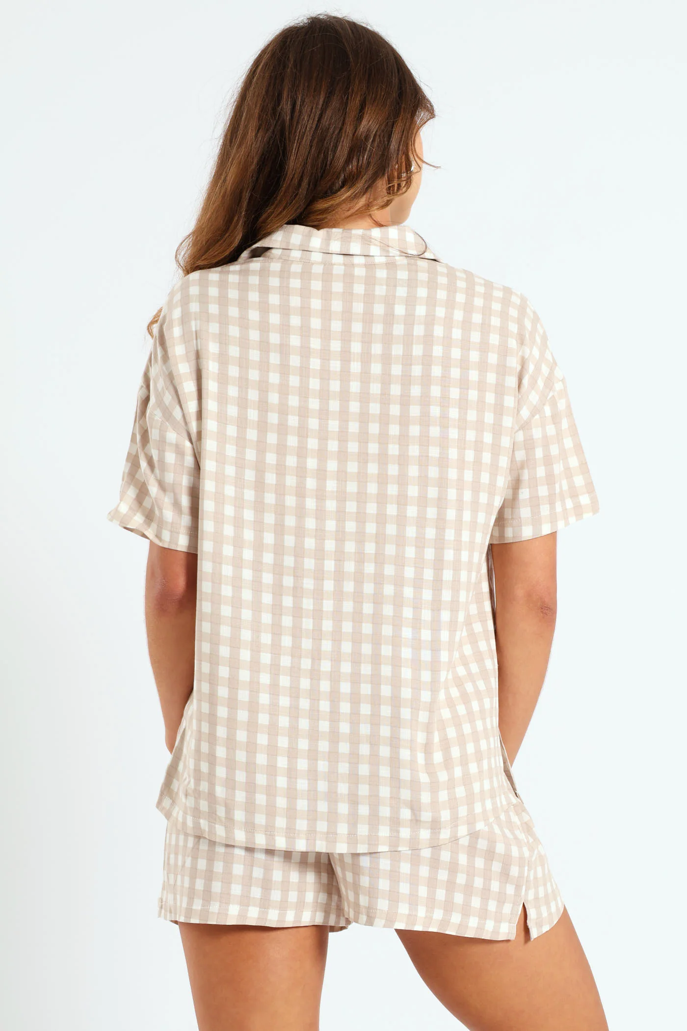 Button Through Linen Check Short Set - White/Beige - Image 3