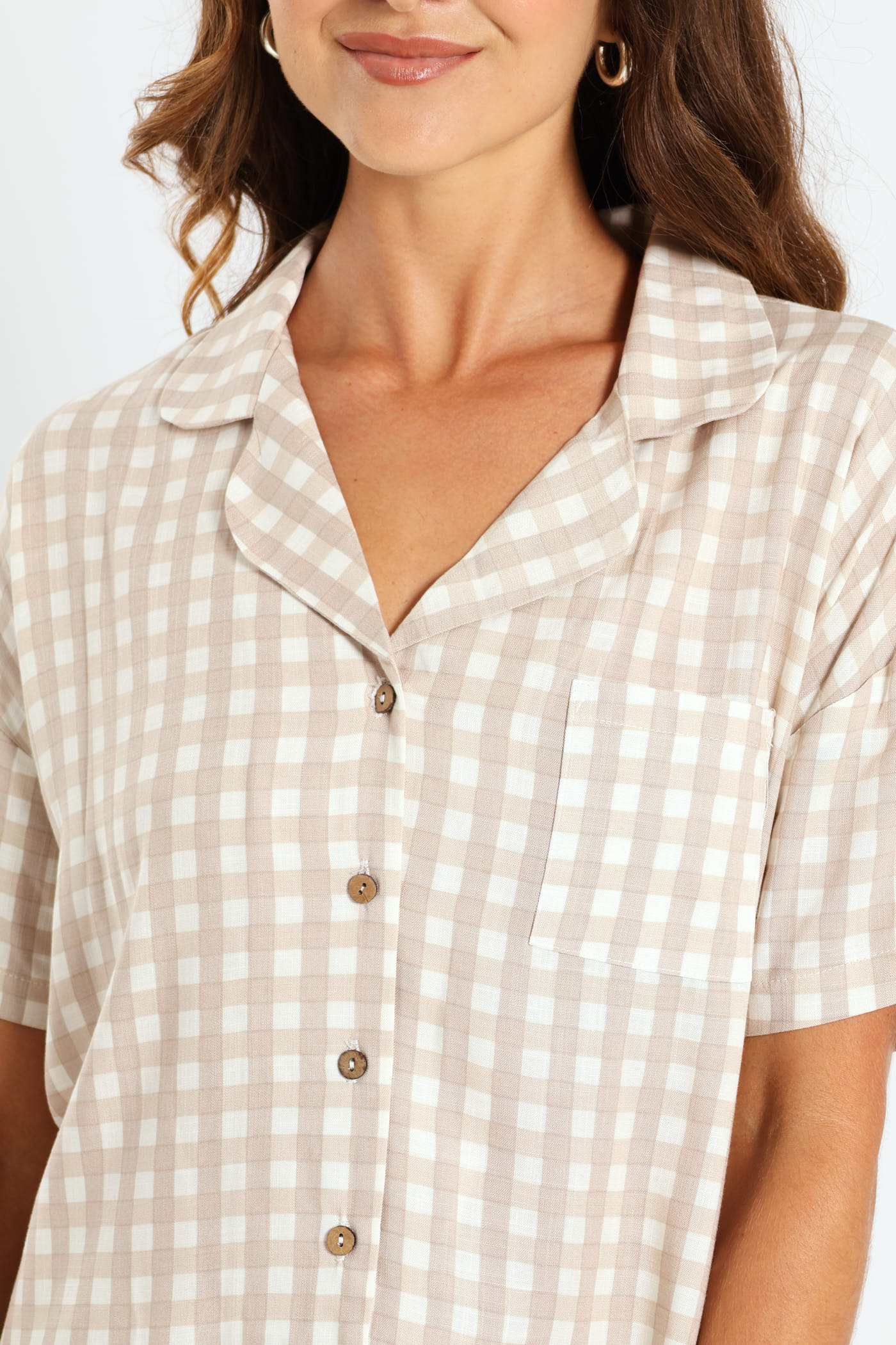 Button Through Linen Check Short Set - White/Beige - Image 4
