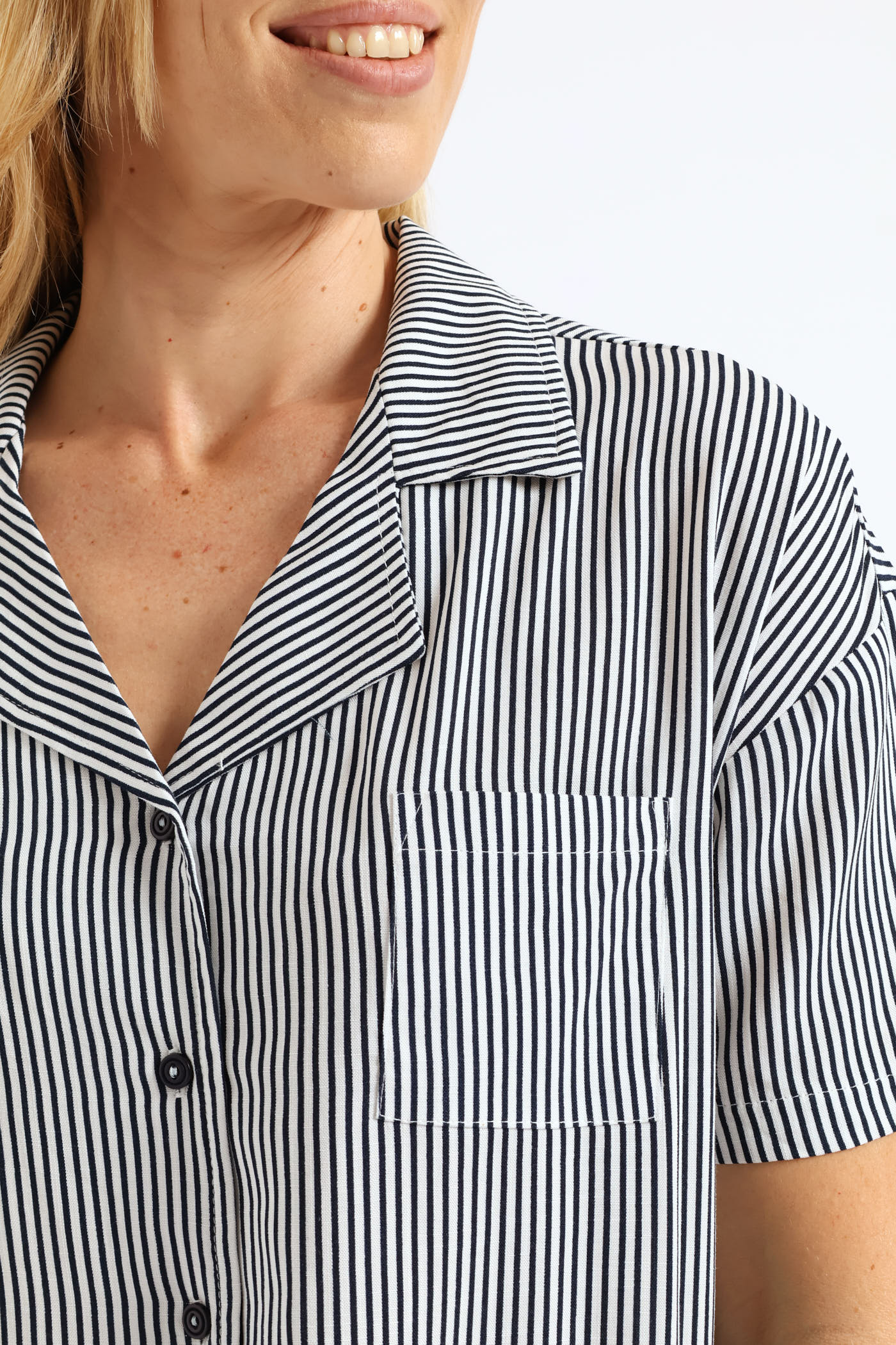 Button Through Linen Short Set - White/Navy - Image 3