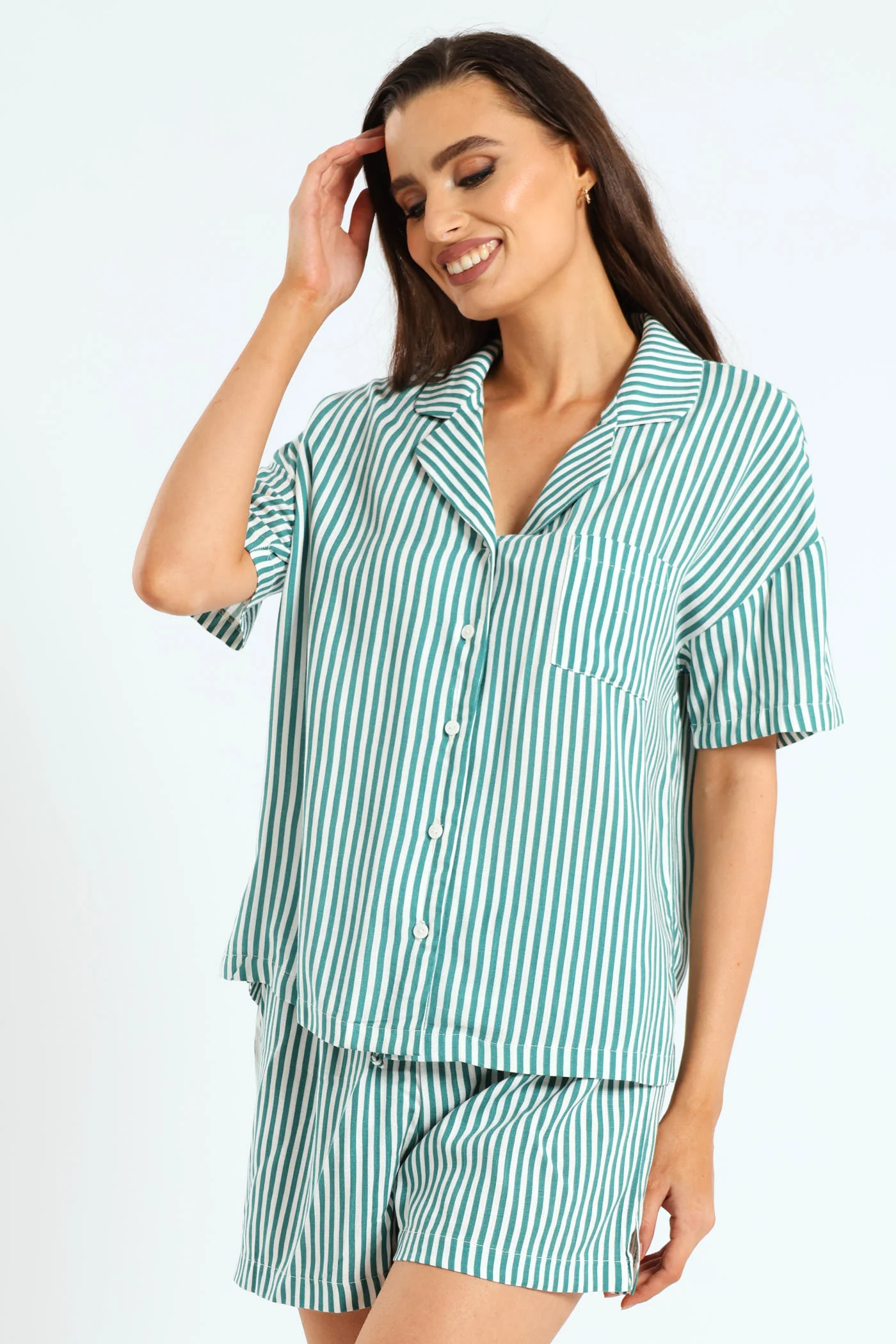 Button Through Linen Stripe Short Set - White/Green - Image 3