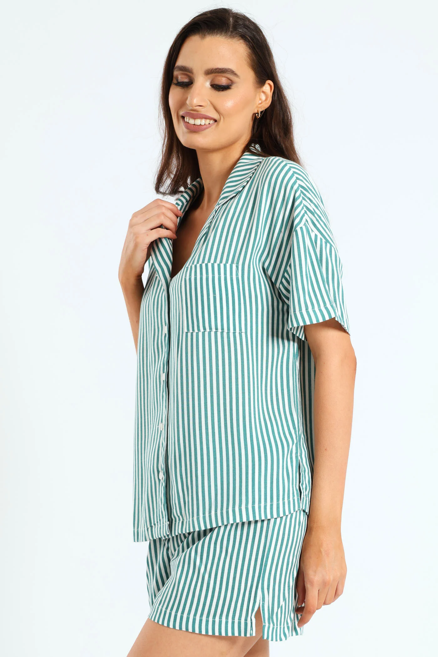 Button Through Linen Stripe Short Set - White/Green - Image 4