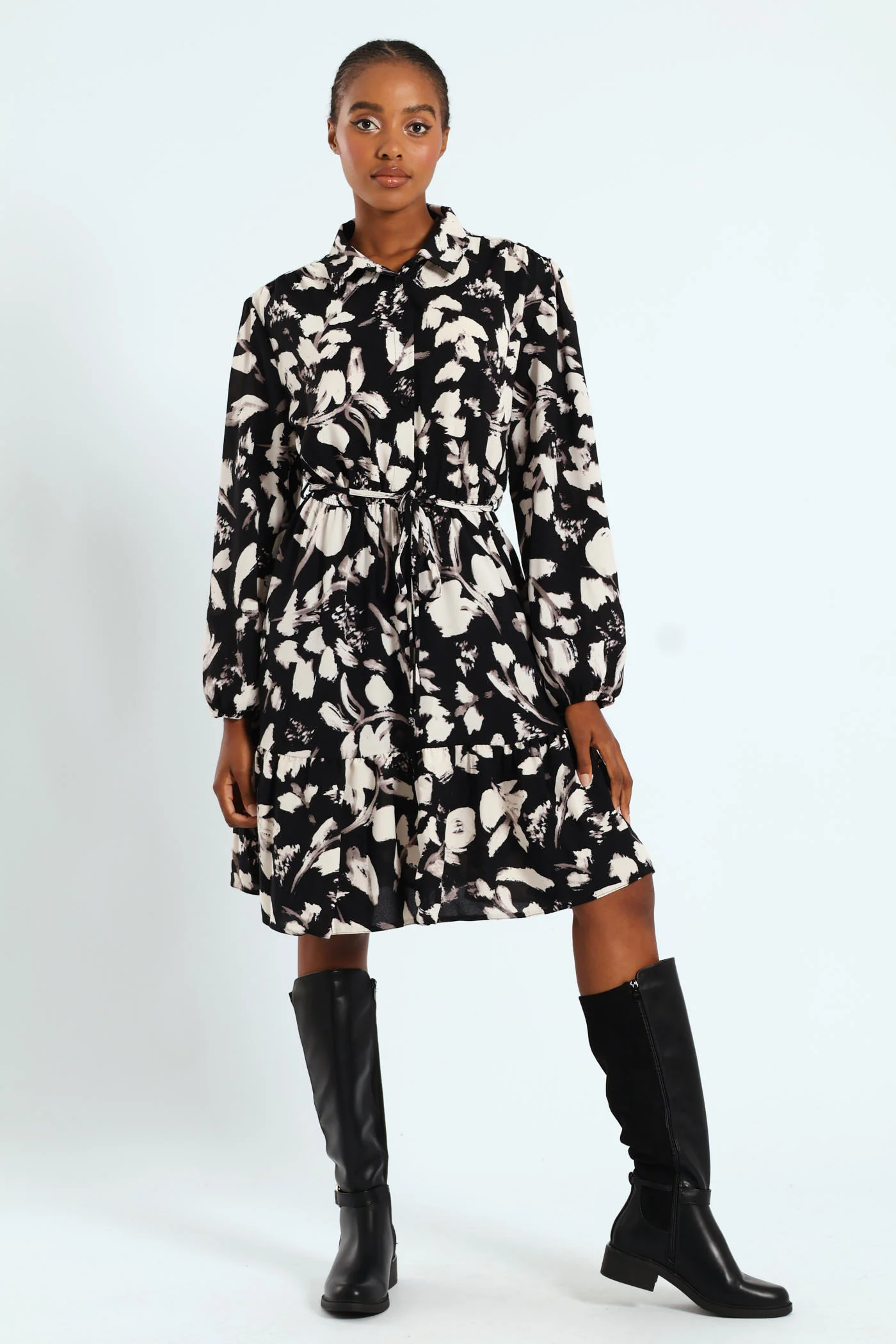 Button Through Monochrome Tiered Tea Dress - Image 2