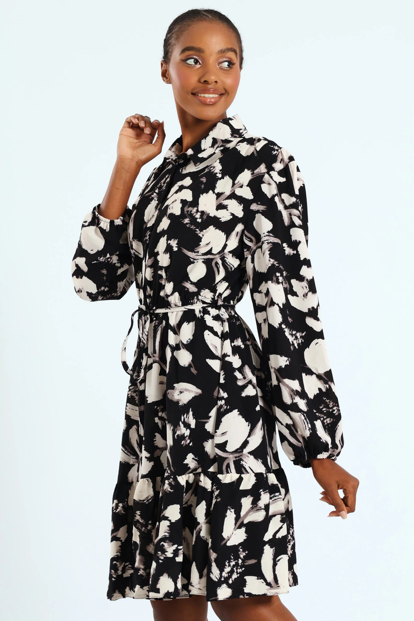 Button Through Monochrome Tiered Tea Dress - Image 3
