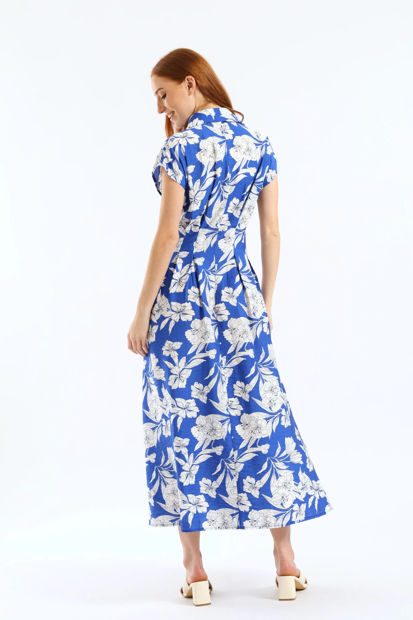 Button Through Pleated Bodice Midaxi Dress - Cobalt/White - Image 2