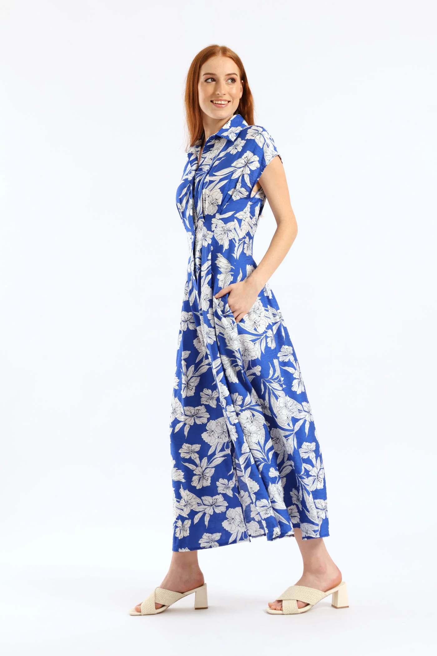 Button Through Pleated Bodice Midaxi Dress - Cobalt/White - Image 4