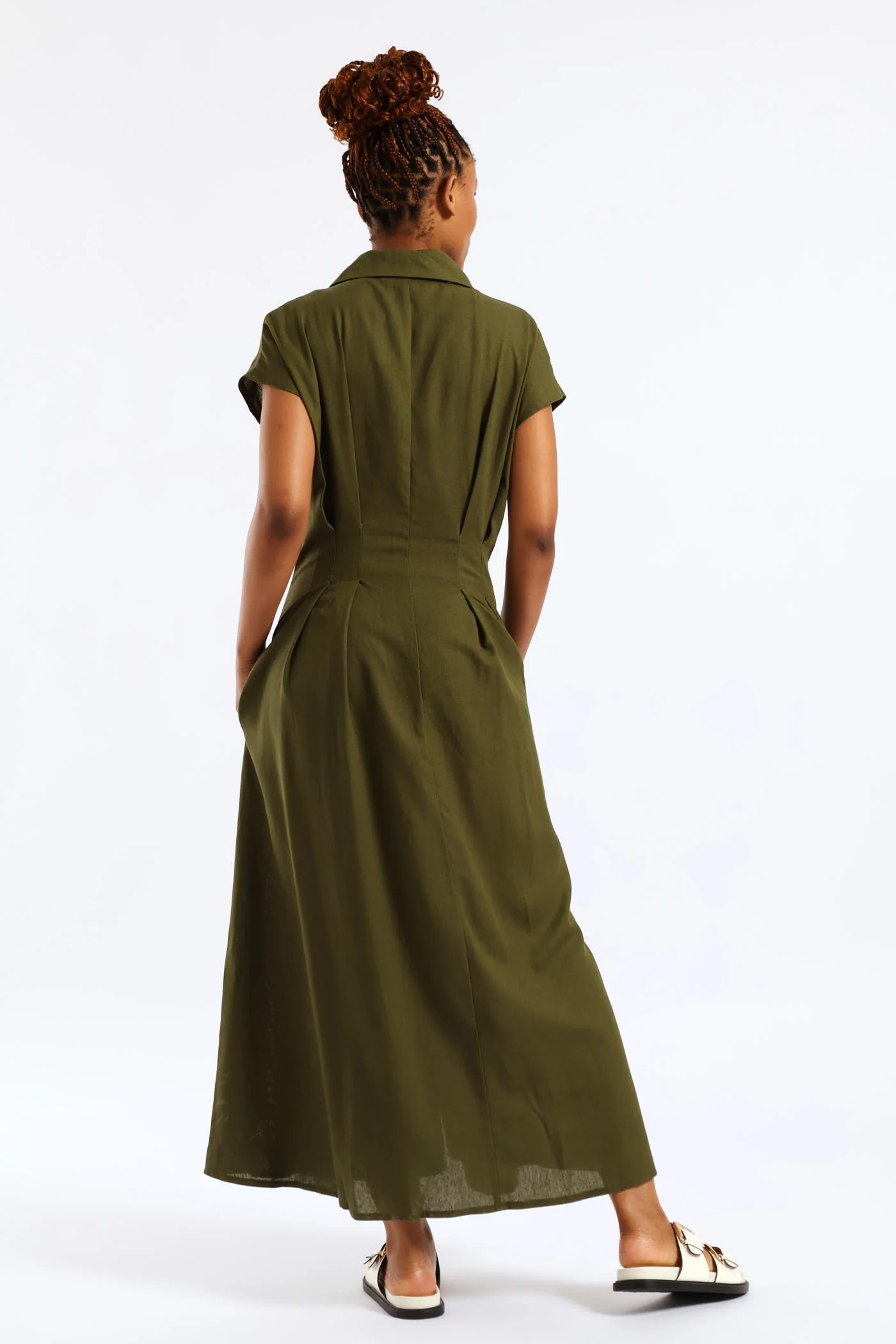 Button Through Pleated Bodice Midaxi Dress - Fatigue - Image 2