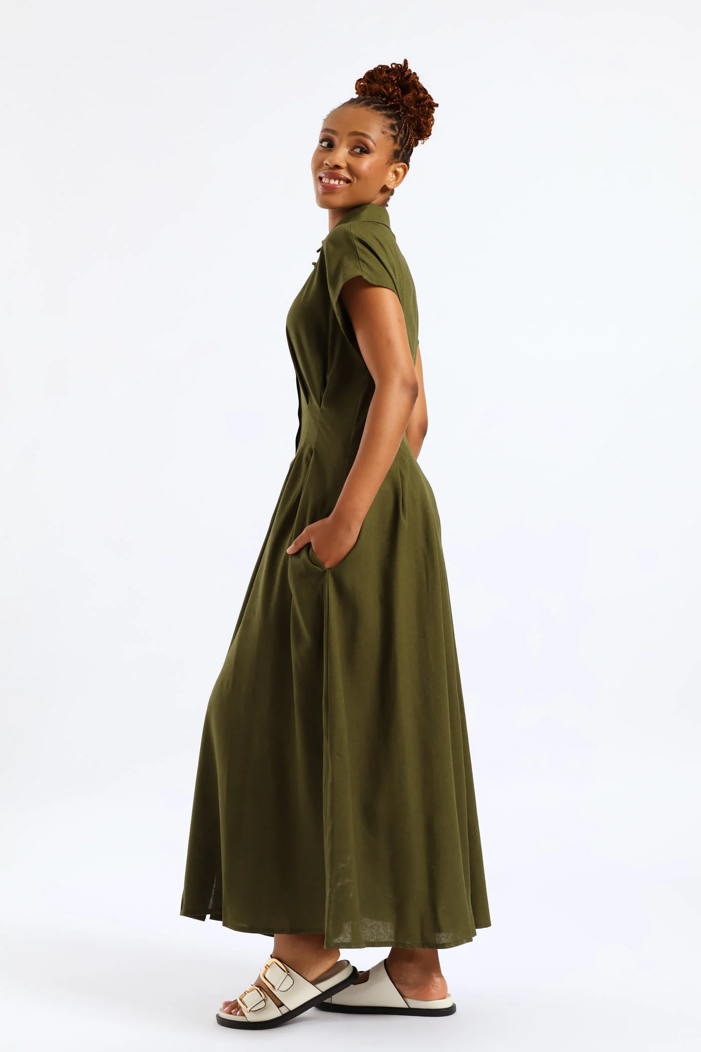 Button Through Pleated Bodice Midaxi Dress - Fatigue - Image 3