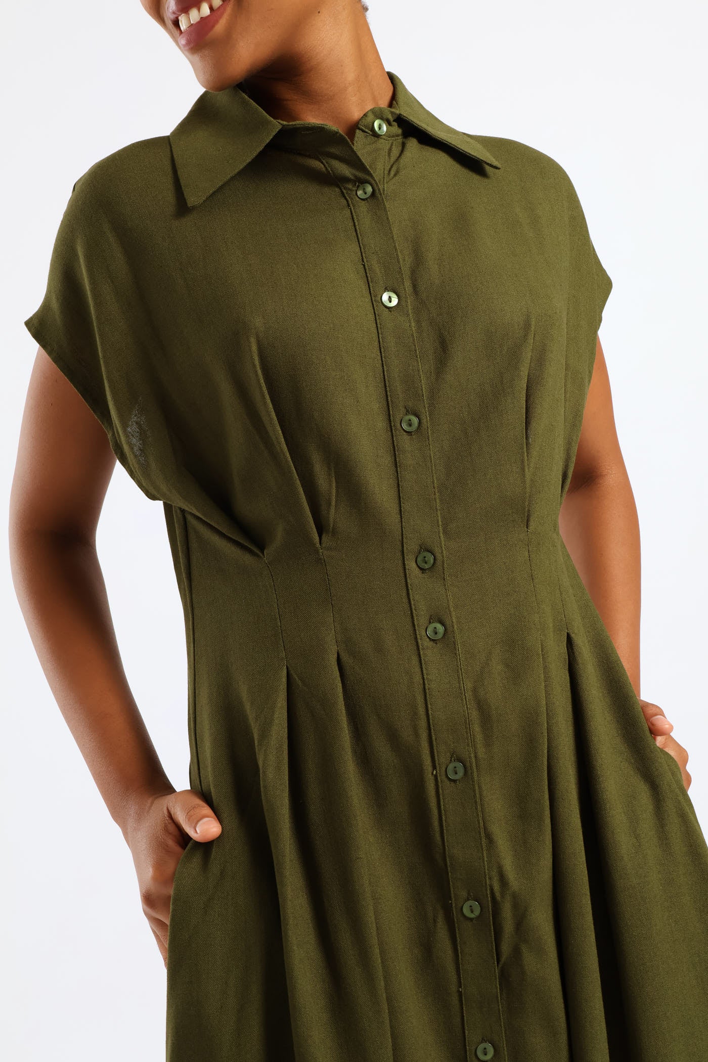 Button Through Pleated Bodice Midaxi Dress - Fatigue - Image 4