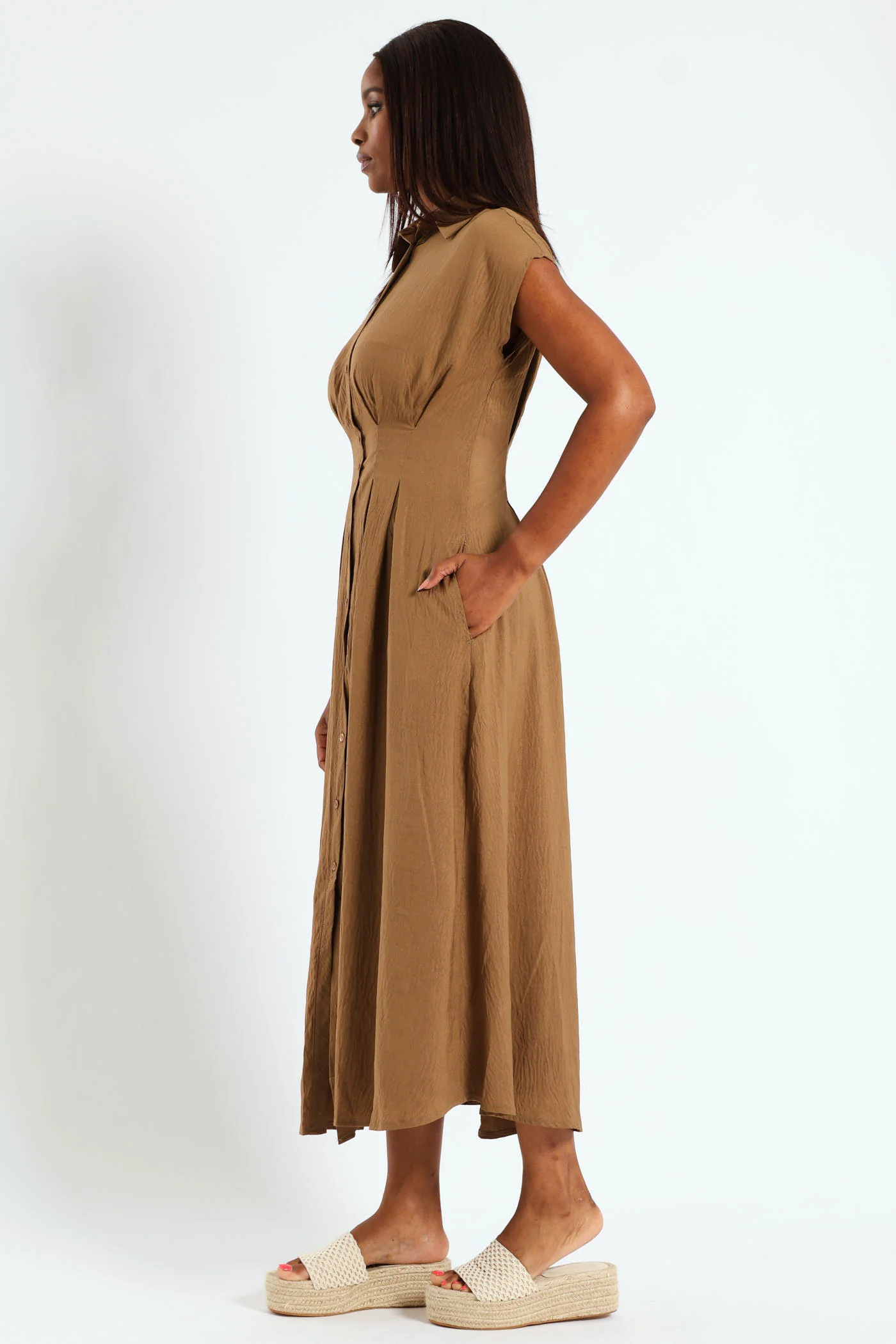 Button Through Pleated Bodice Midaxi Dress - Khaki - Image 2
