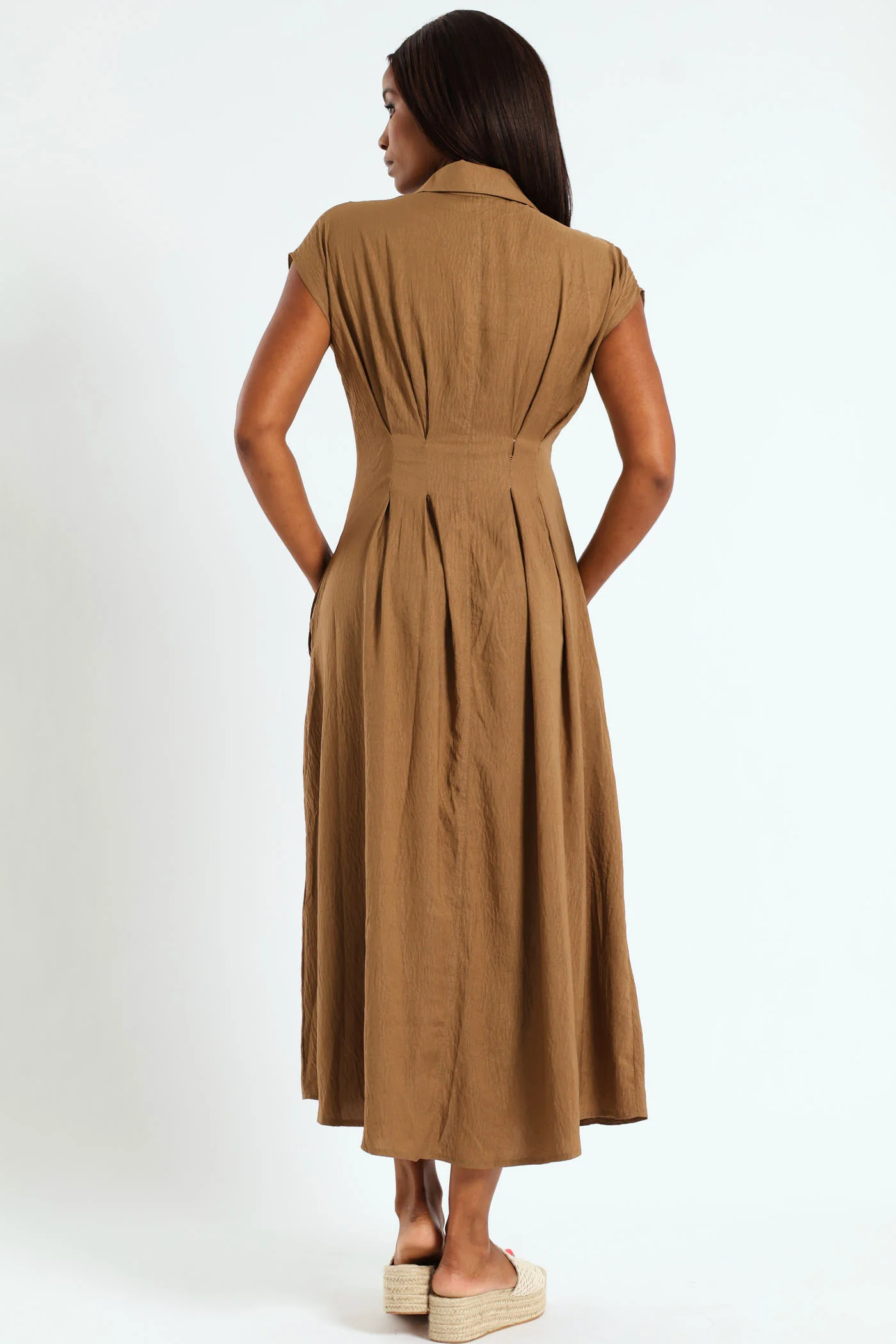 Button Through Pleated Bodice Midaxi Dress - Khaki - Image 3