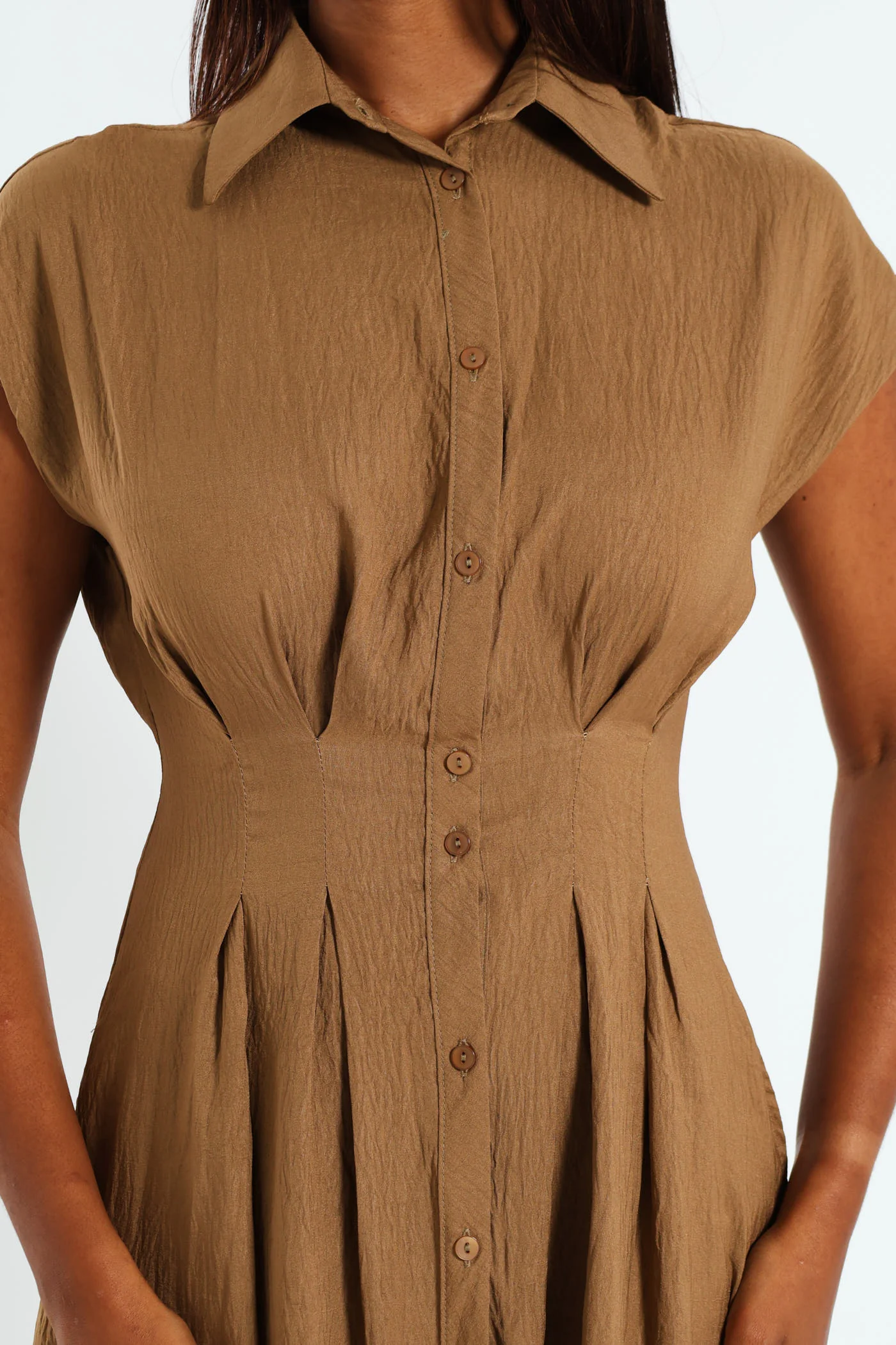 Button Through Pleated Bodice Midaxi Dress - Khaki - Image 4