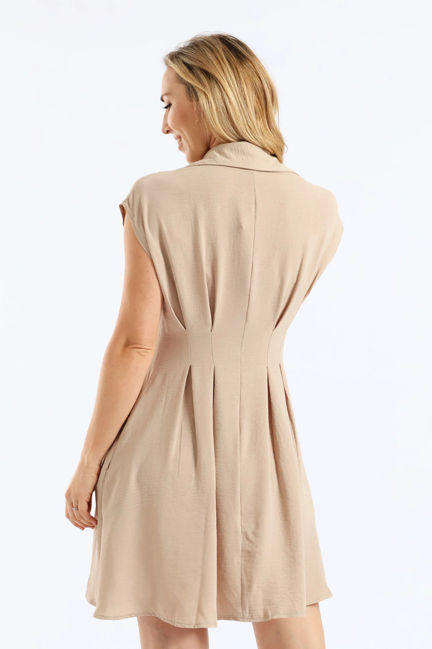 Button Through Pleated Bodice Mini Dress - Stone - Image 4
