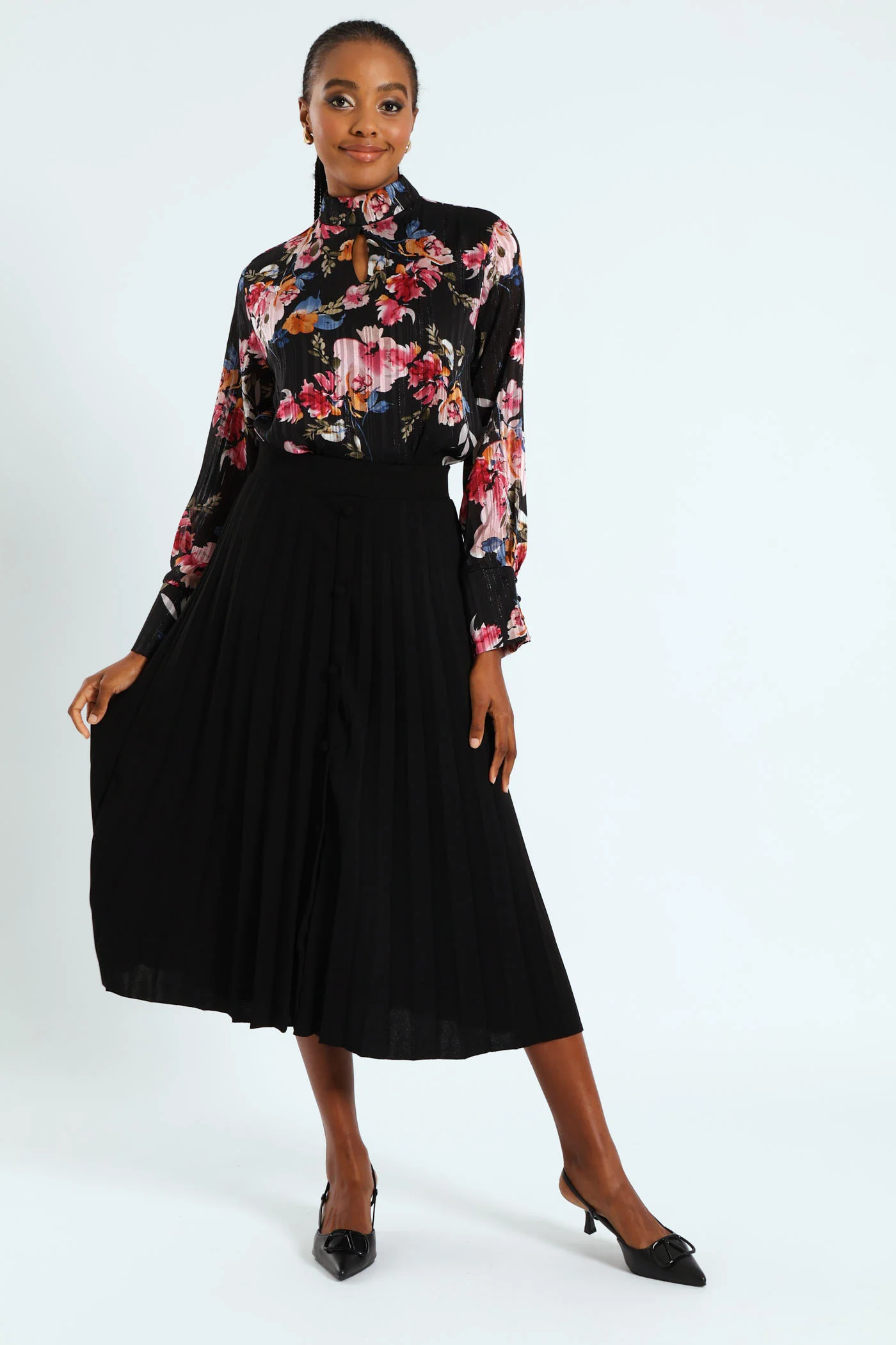 Button Through Pleated Midi Skirt - Black - Image 2