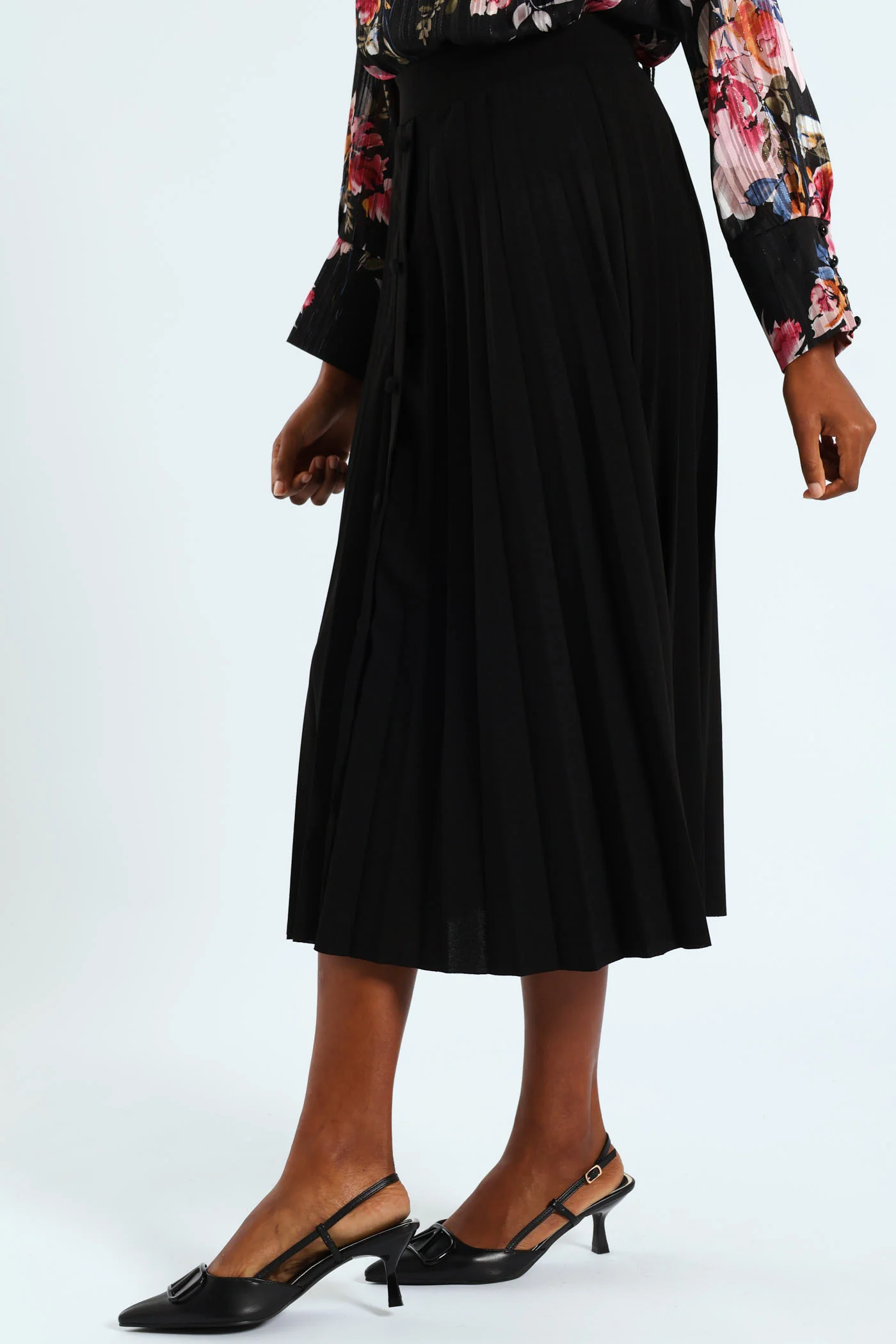 Button Through Pleated Midi Skirt - Black - Image 3
