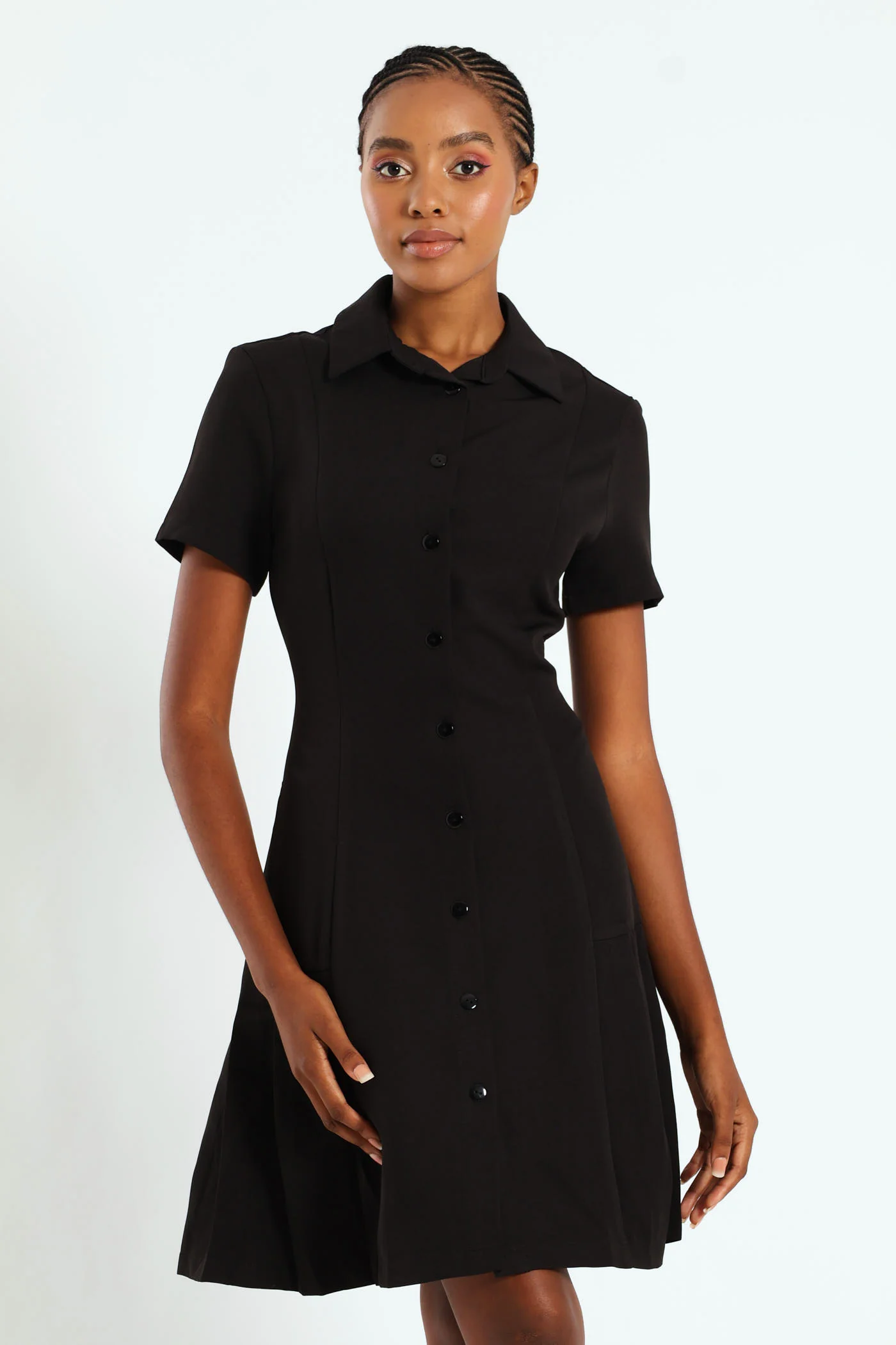 Button Through Pleated Work Dress - Black - Image 2