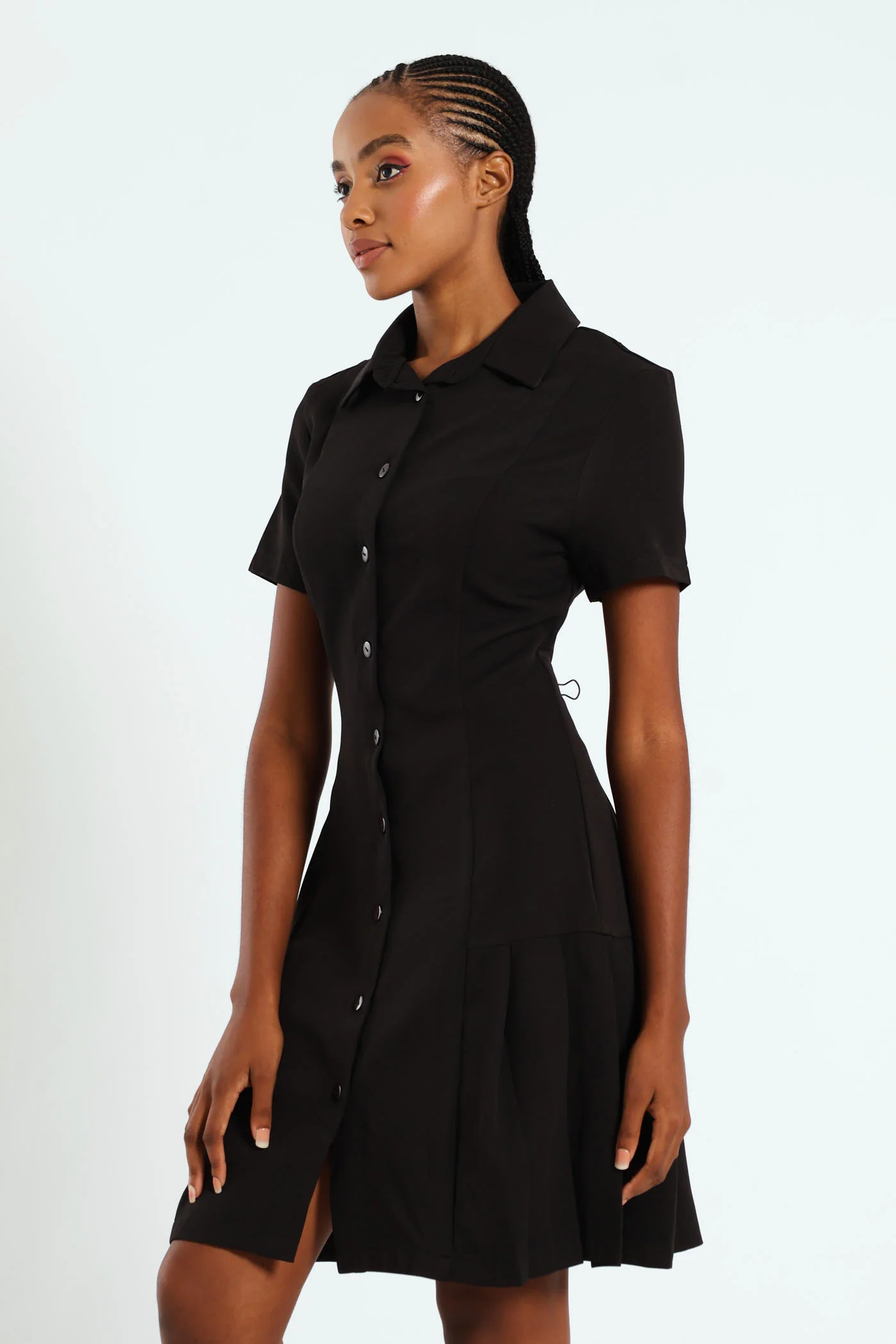 Button Through Pleated Work Dress - Black - Image 3