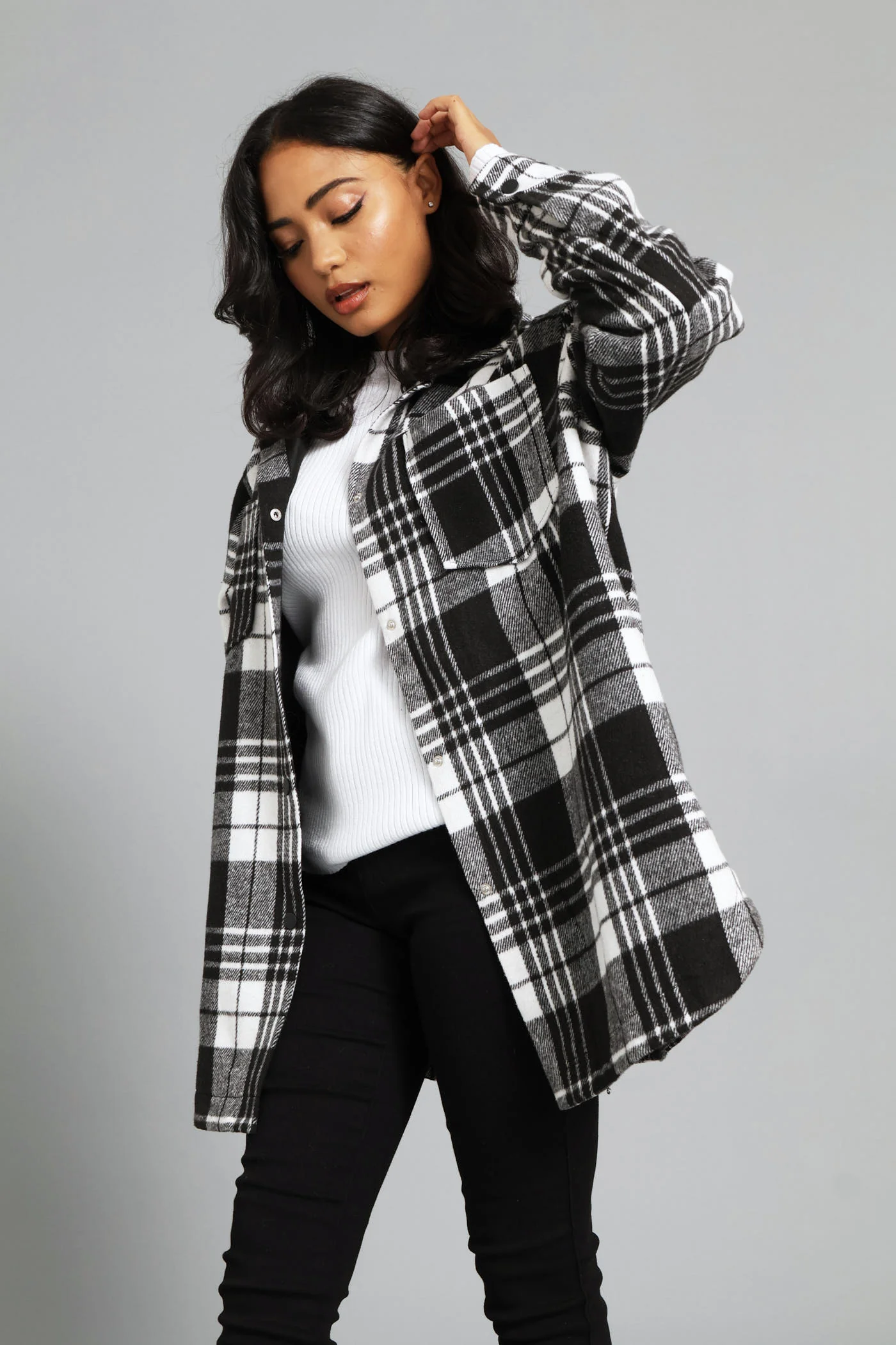 Button Through Pocket Detail Oversized Heavy Lined Melton Jacket - Black/White - Image 2