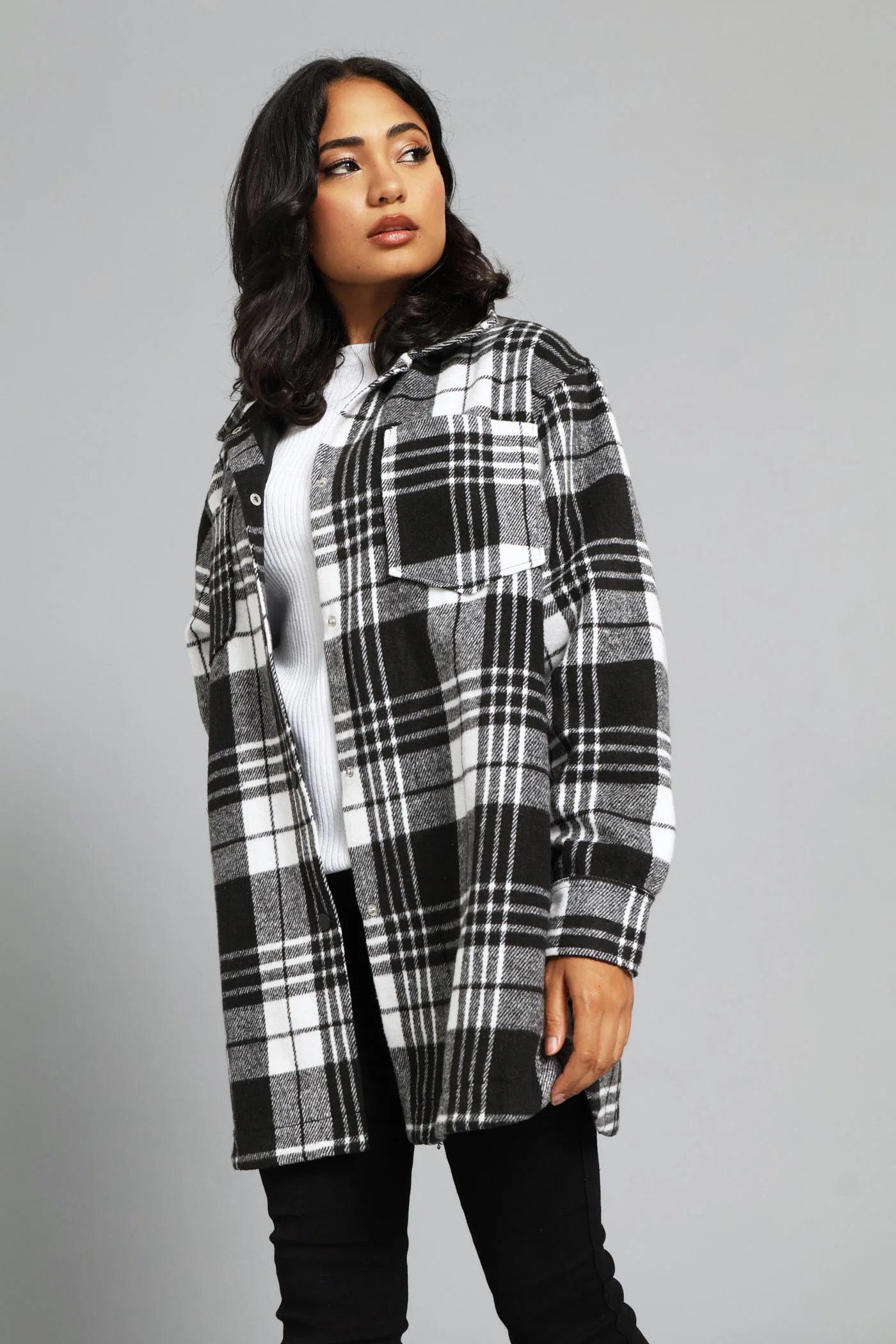 Button Through Pocket Detail Oversized Heavy Lined Melton Jacket - Black/White - Image 4