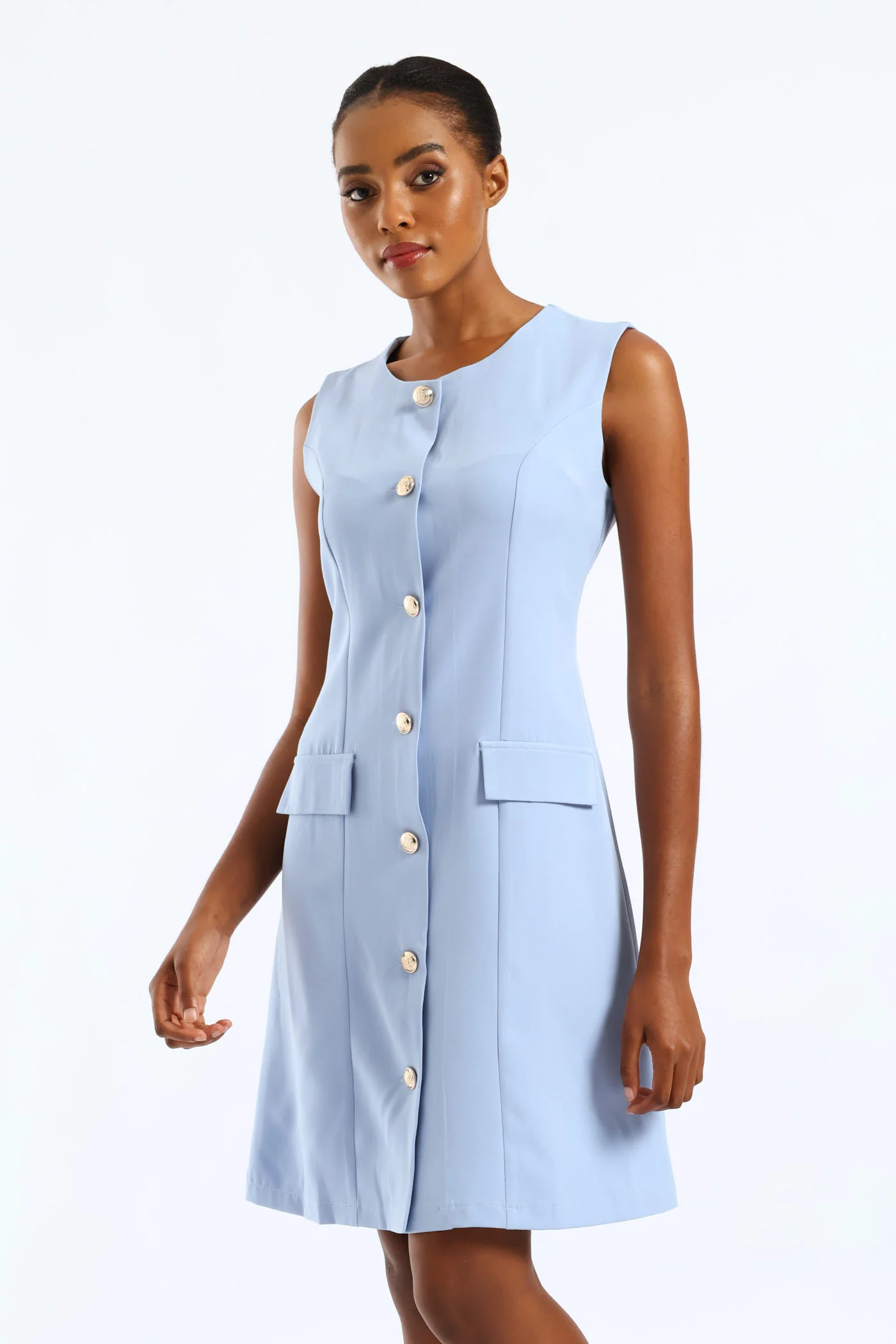 Button Through Pocket Flap Dress - Pastel Blue - Image 5
