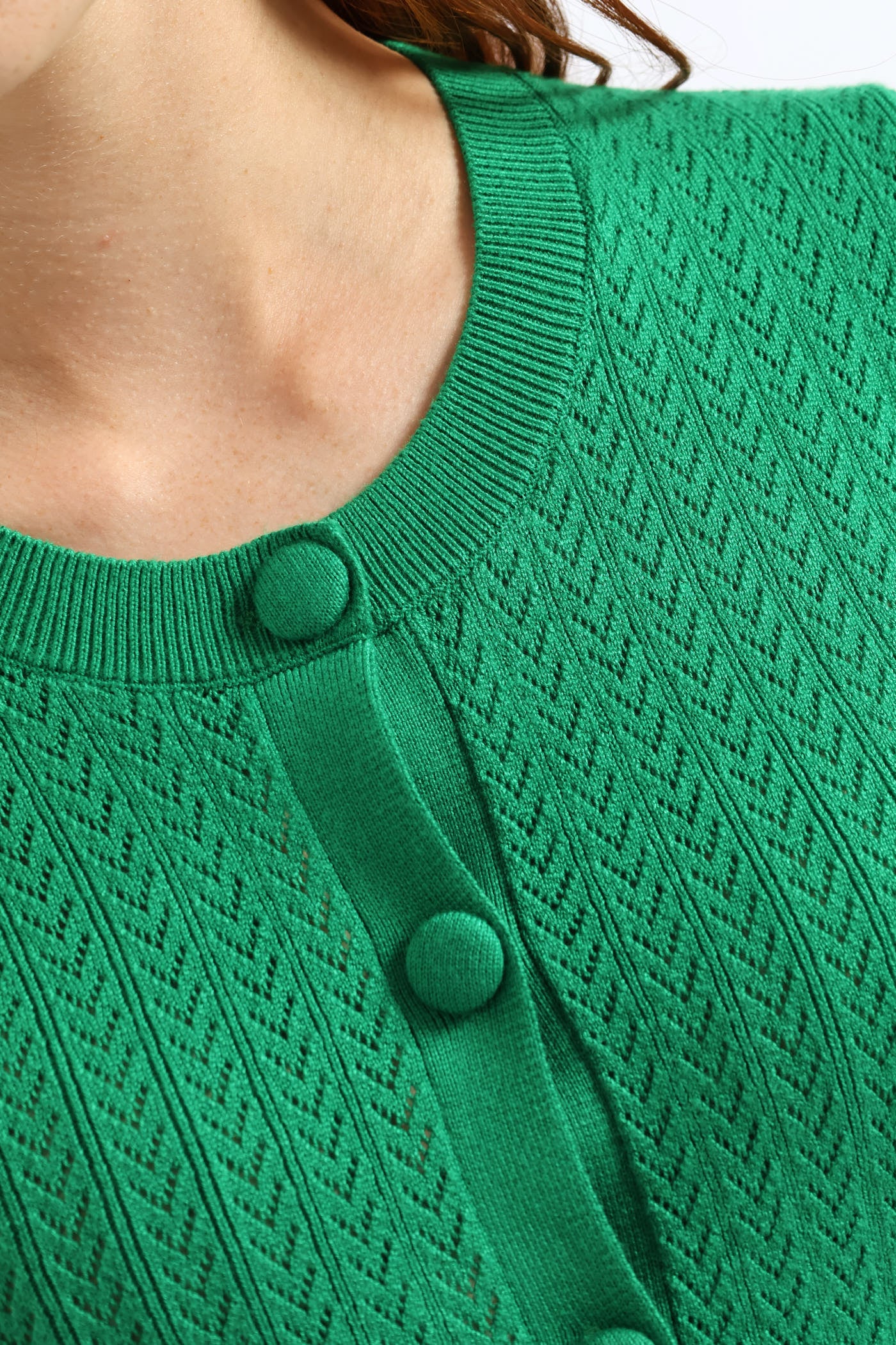 Button Through Pointelle Knitwear Top - Emerald - Image 2
