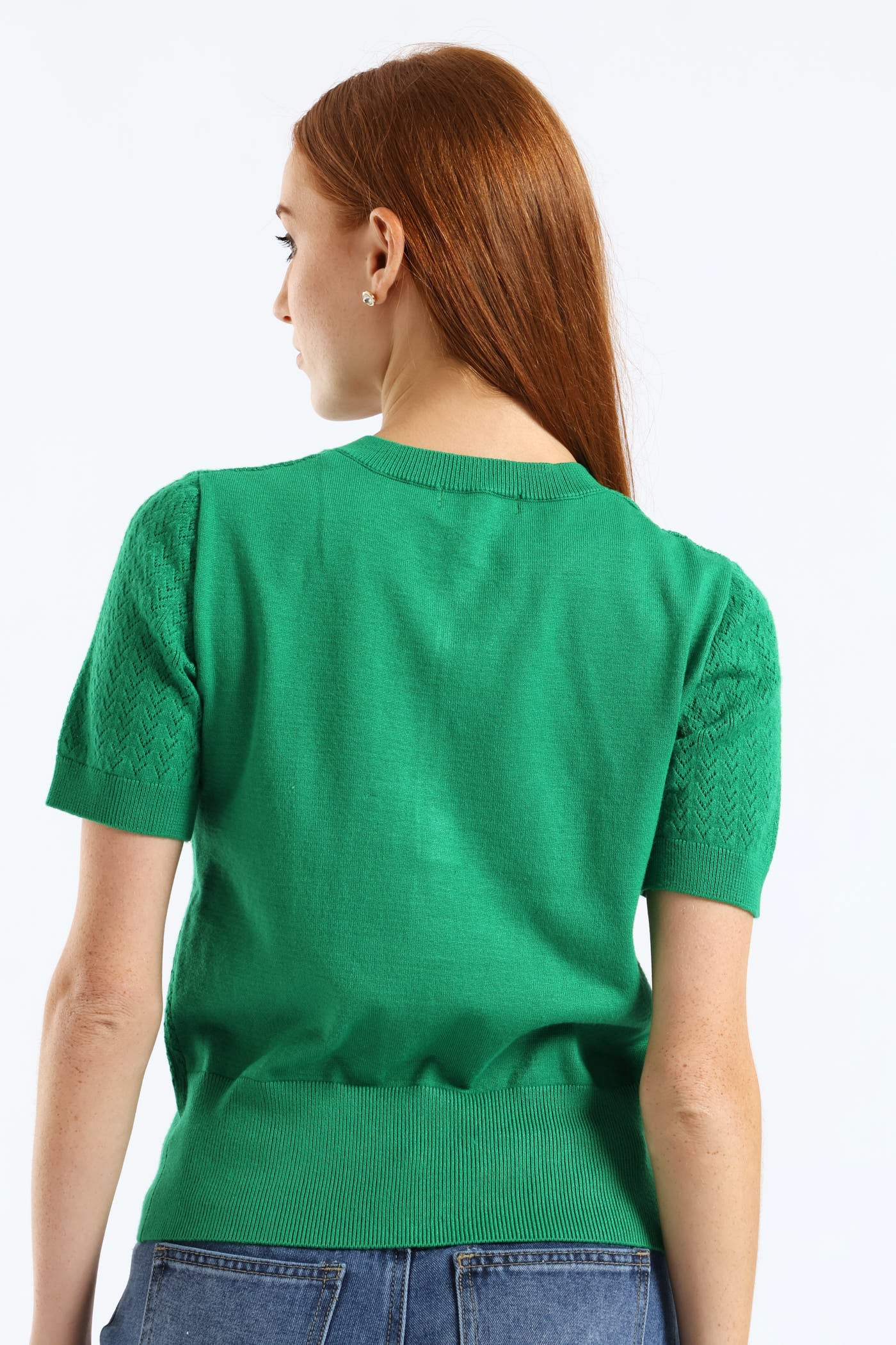 Button Through Pointelle Knitwear Top - Emerald - Image 4