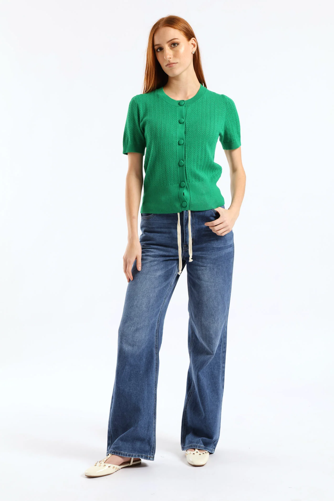 Button Through Pointelle Knitwear Top - Emerald - Image 5