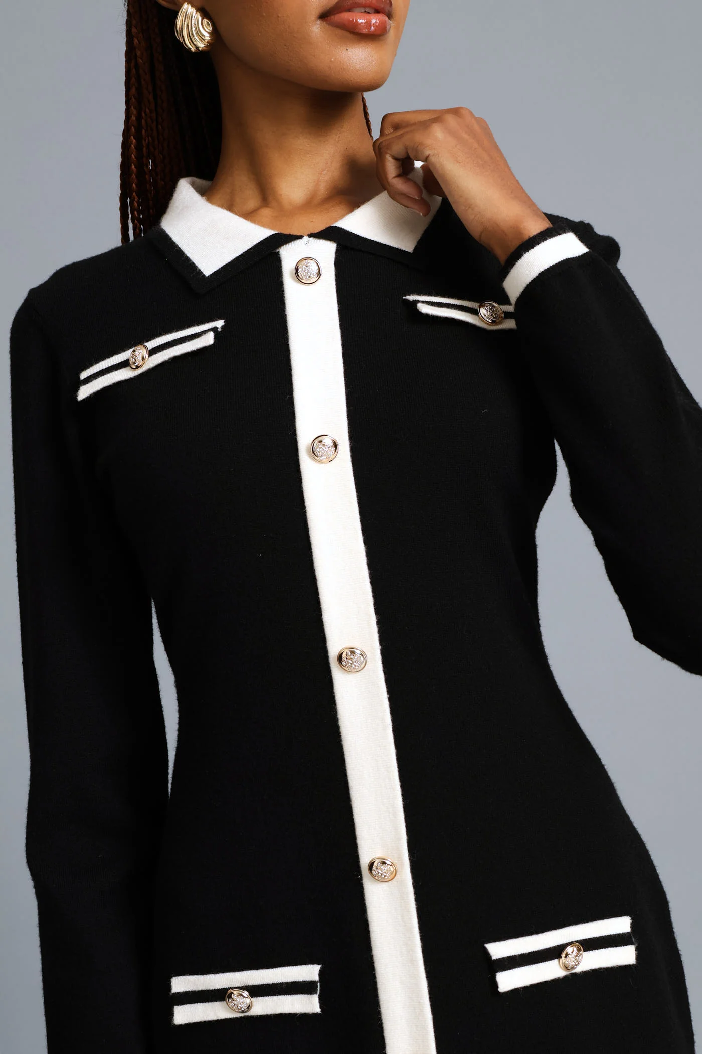 Button Through Preppy Knitwear Dress - Black/Cream - Image 2